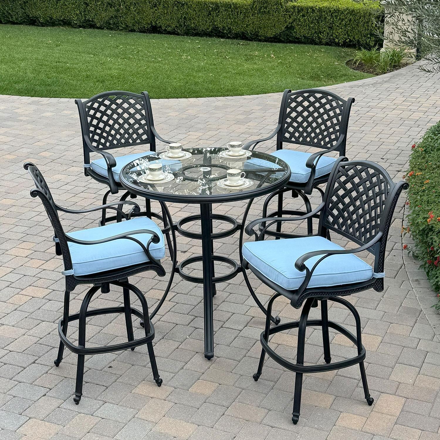 Nassau Cast Aluminum 4 Pc Set Swivel Bar Stool Set in Antique Bronze/Sky Blue by Darlee - Shown W/ Dining Set (Sold Separately) - Lifestyle thumbnail