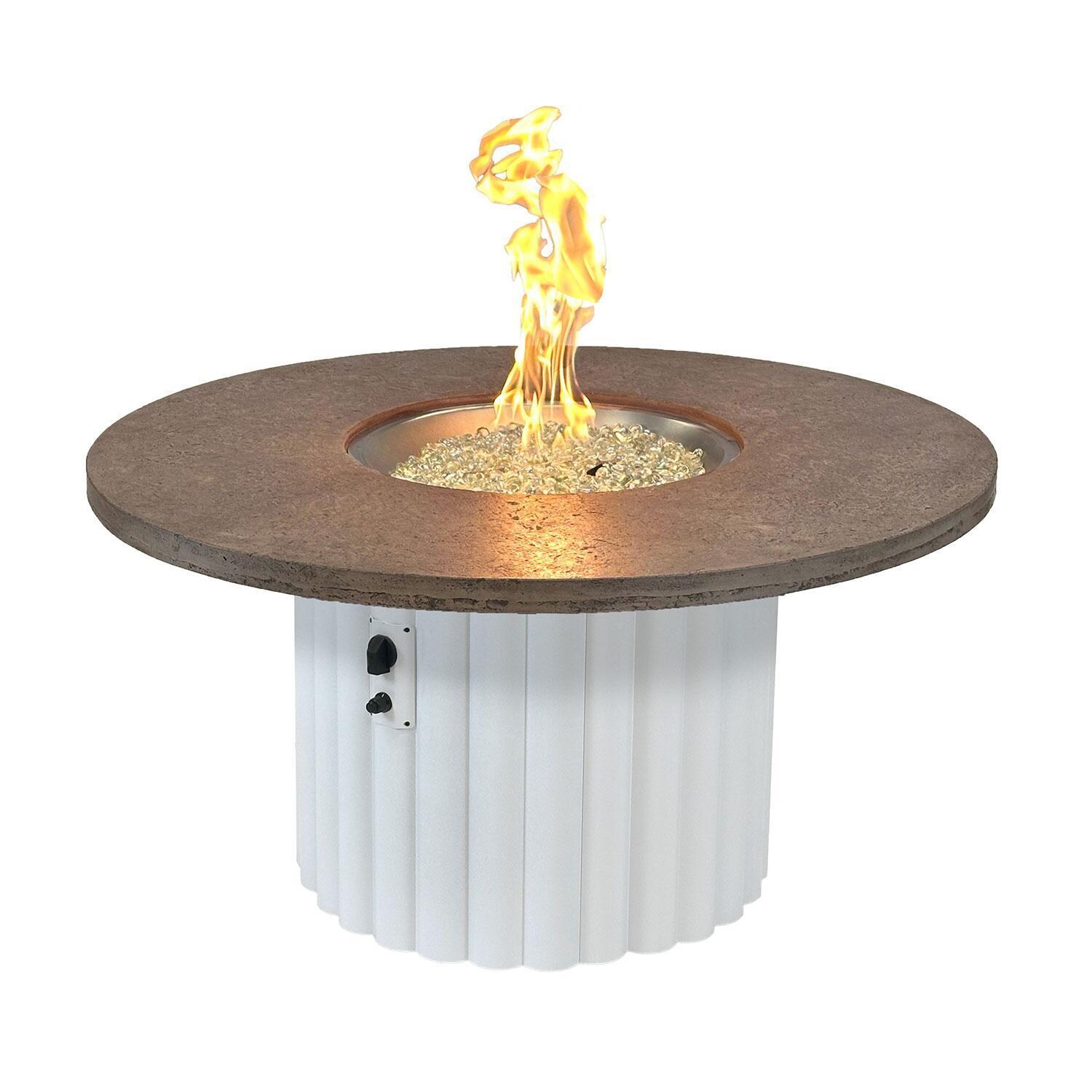 Reverie REVBWH-48-K-NG 48-in Round Aluminum Natural Gas Fire Pit Table w/ Fossil Brown Supercast Top & White Base (Ships Propane w/ Conversion Kit) - Flame On - White Background thumbnail