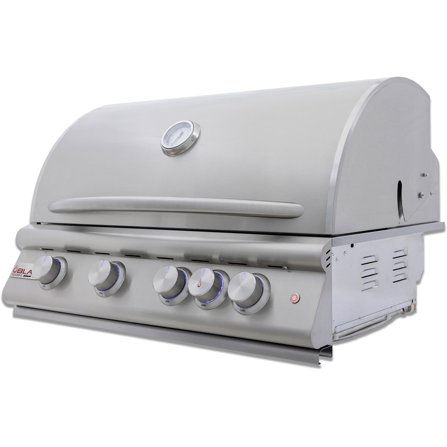 Blaze BLZ-4LTE3MG-LP Premium LTE+ Marine Grade 32-Inch 4-Burner Built-In Propane Grill With Rear Infrared Burner & Lift-Assist Hood - Angled View - Closed - White Background thumbnail