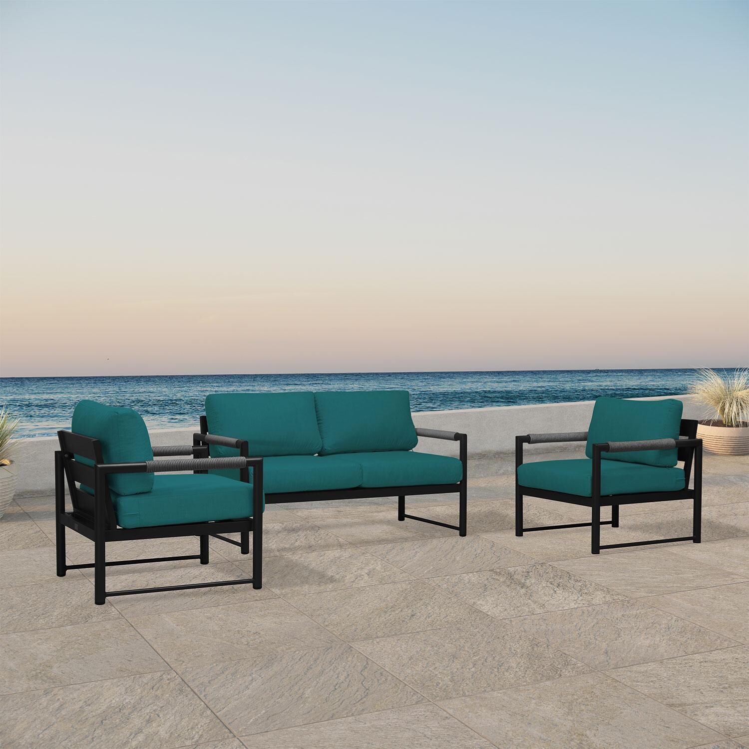 Lakeview AVEBAY-BK-CO-SET120-PC Avenue Bay Black/Carbon 3 Pc Loveseat Set - Spectrum Peacock - Angled On Patio - Lifestyle thumbnail