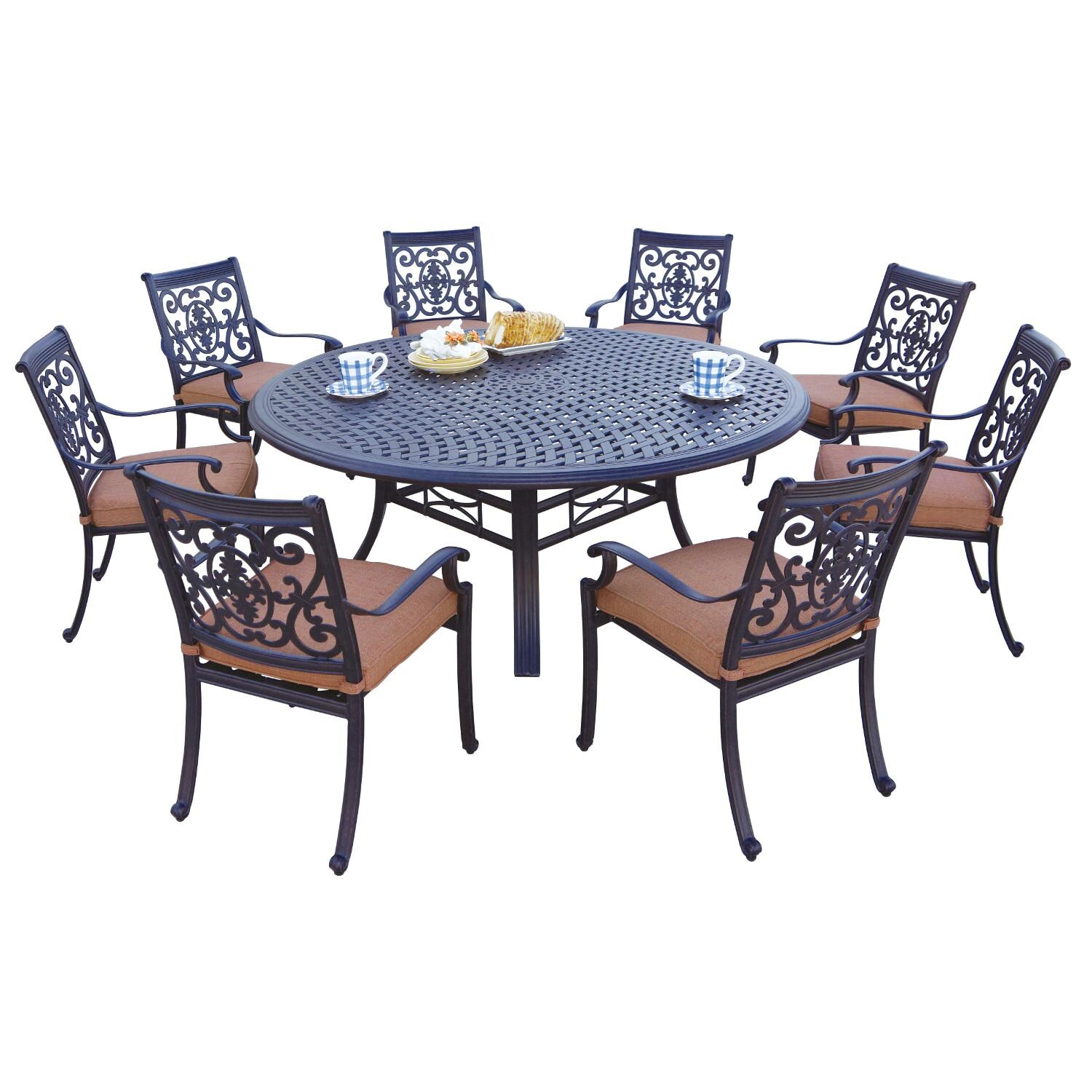 St. Cruz 9 Pc Cast Aluminum Dining Set w/ 71 Inch Round Series 99 Table in Antique Bronze/Spicy Chili by Darlee