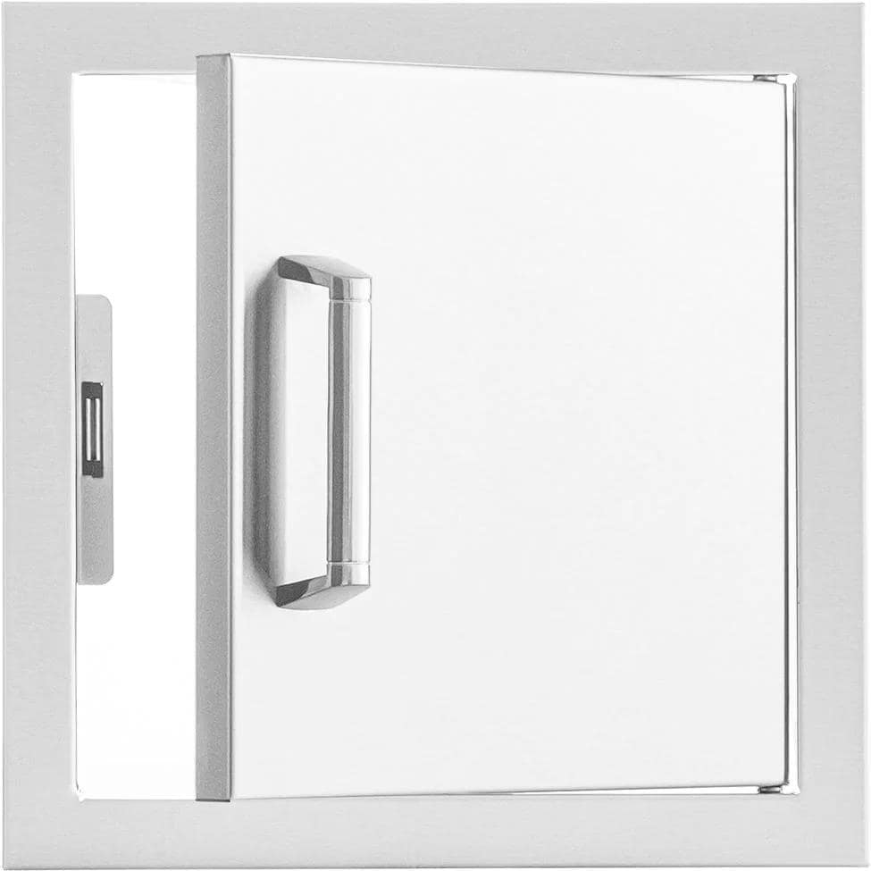BBQGuys Signature 12-in Contempo/Traditional Stainless Steel Reversible Single Access Door - Door Open - White Background thumbnail