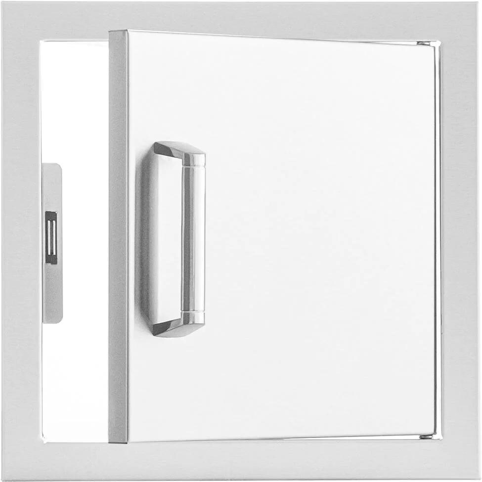 BBQGuys Signature 12-in Contempo/Traditional Stainless Steel Reversible Single Access Door - Door Open - White Background thumbnail
