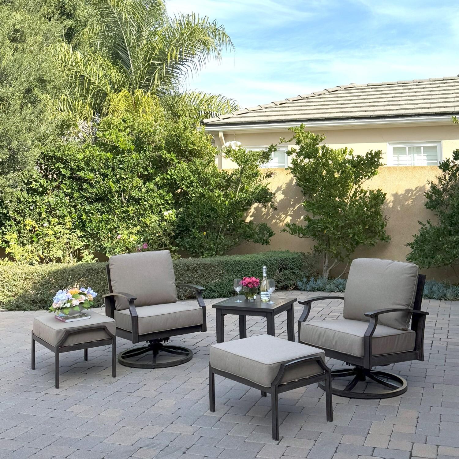 Atlantis 5 Pc Aluminum Seating Set w/ 2 Swivel Rocker Club Chairs & 2 Ottomans in Walnut/Beige by Darlee