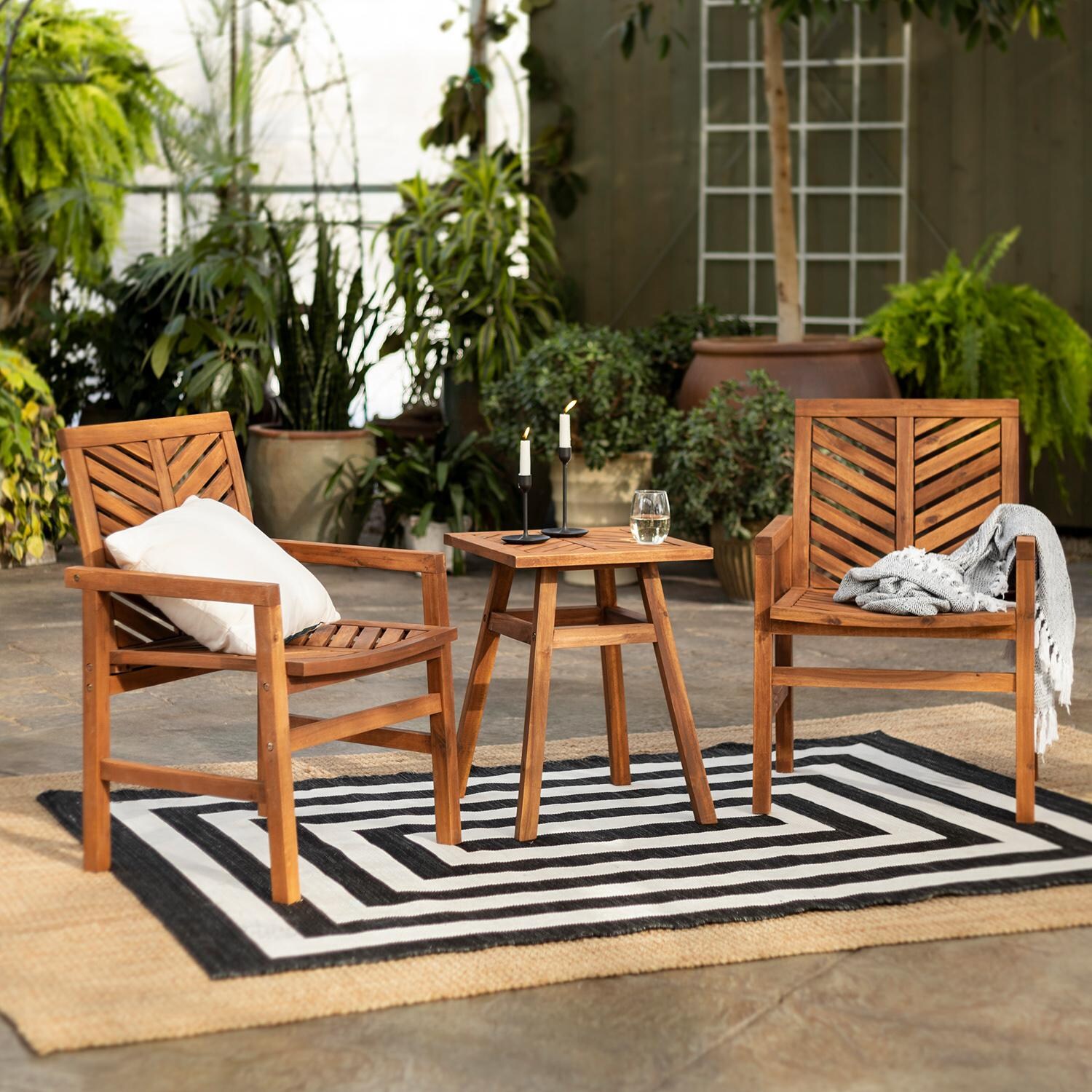 Walker Edison Vincent 3 Piece Acacia Patio Conversation Set W/ 18 Inch Square End Table - Brown image