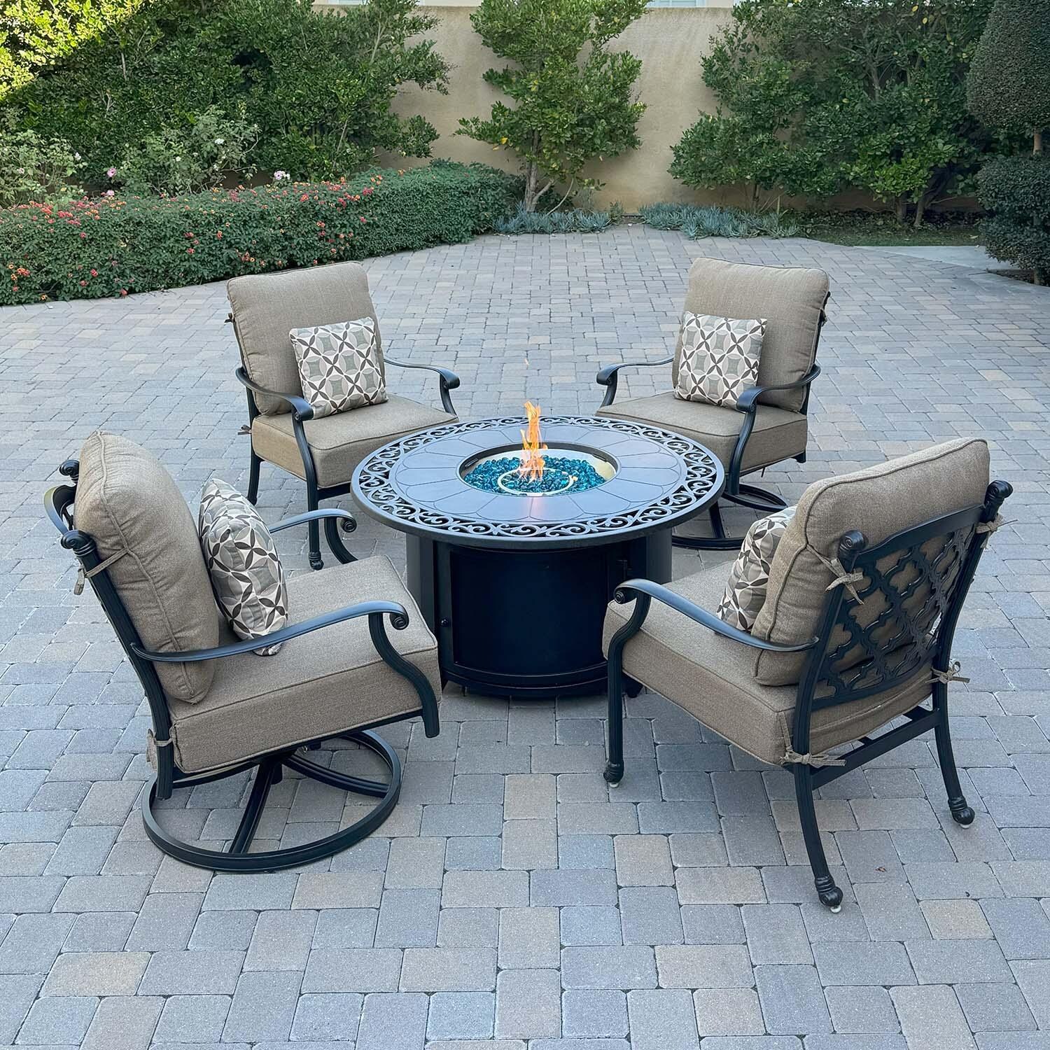 Madison 5 Pc Cast Aluminum Fire Pit Seating Set w/ 47 Inch Table & 2 Swivel Rockers in Antique Bronze/Sesame by Darlee