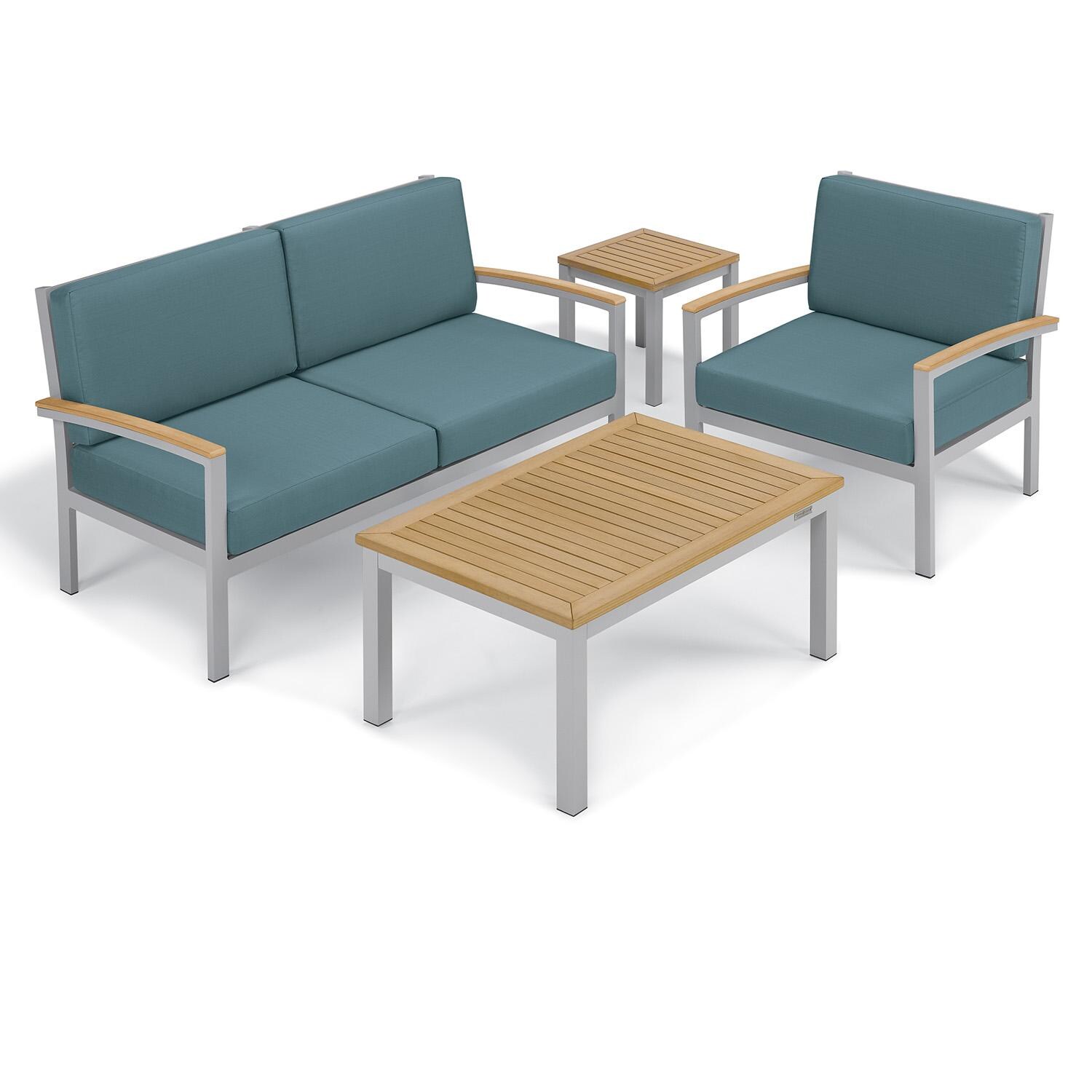 Oxford Garden 5267-PC.F Travira 4 Pc Aluminum Seating Set w/ Club Chair in Natural Tekwood/ Ice Blue by Oxford Garden - Set - White Background thumbnail