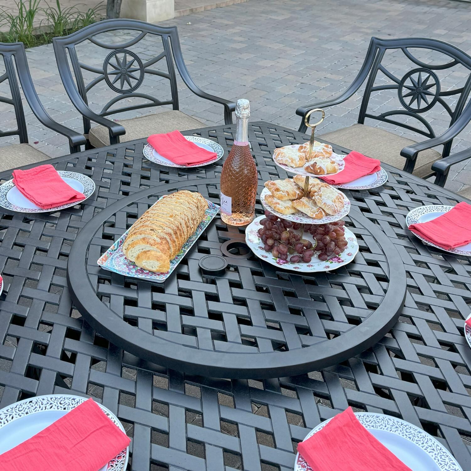 Darlee B/DL503-10PCDR-30W3934 Ten Star 10 Pc Cast Aluminum Dining Set in Antique Bronze - Lazy Susan in Use - Lifestyle thumbnail