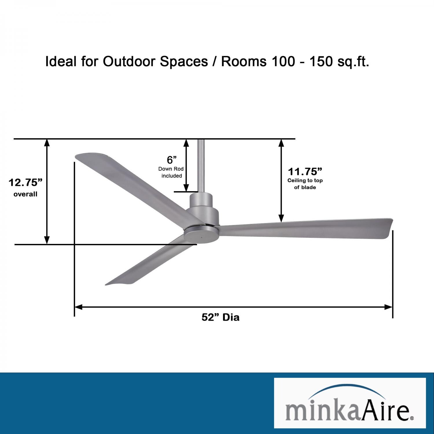 Minka-Aire F787-SL Simple 52-Inch 3-Blade Ceiling Fan in Silver Finish w/ Silver Blades - Dimensions thumbnail