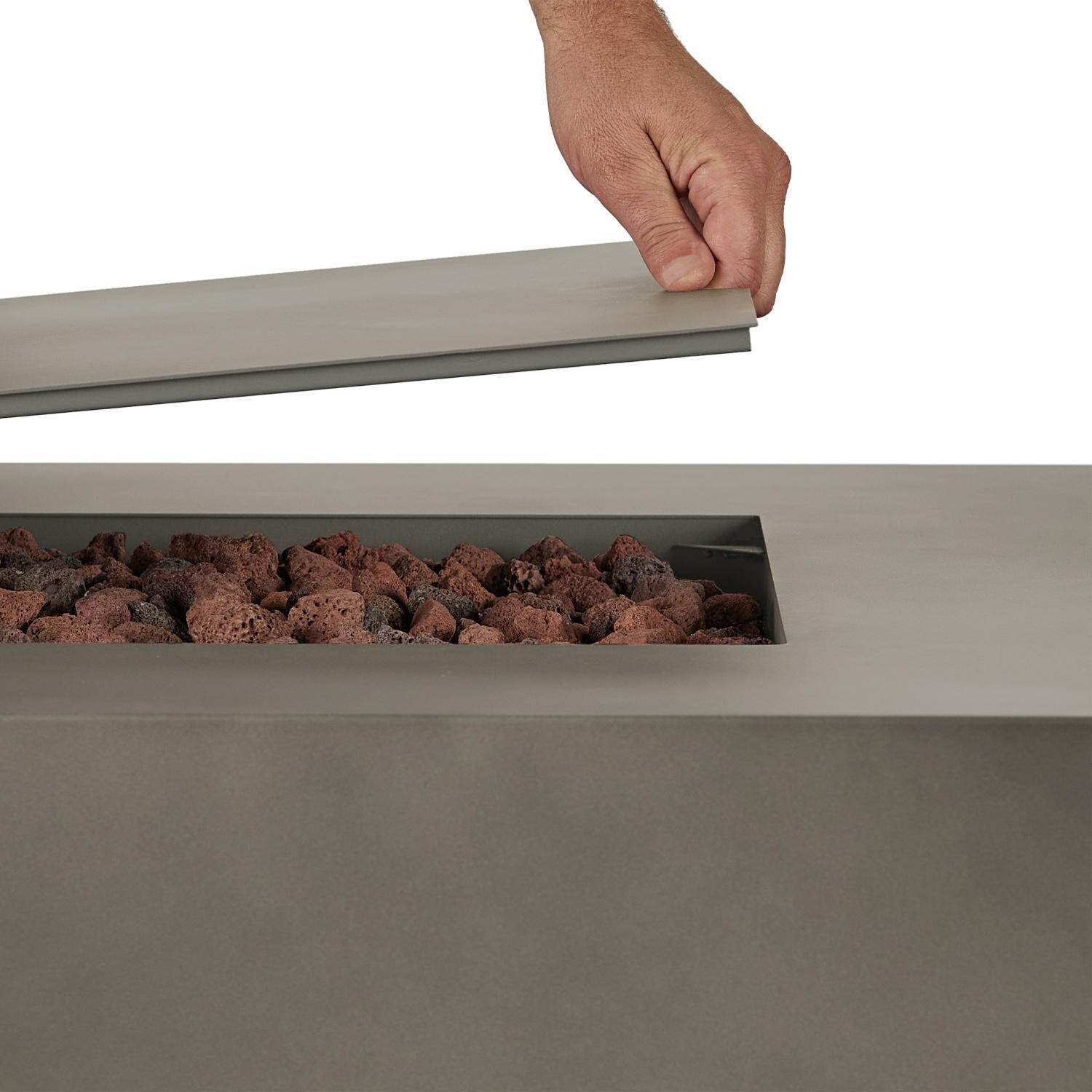 Lakeview Outdoor Designs SC-C9814NG-MGRY Elysian 70-Inch Rectangle Natural Gas Fire Table - Lid Demo thumbnail