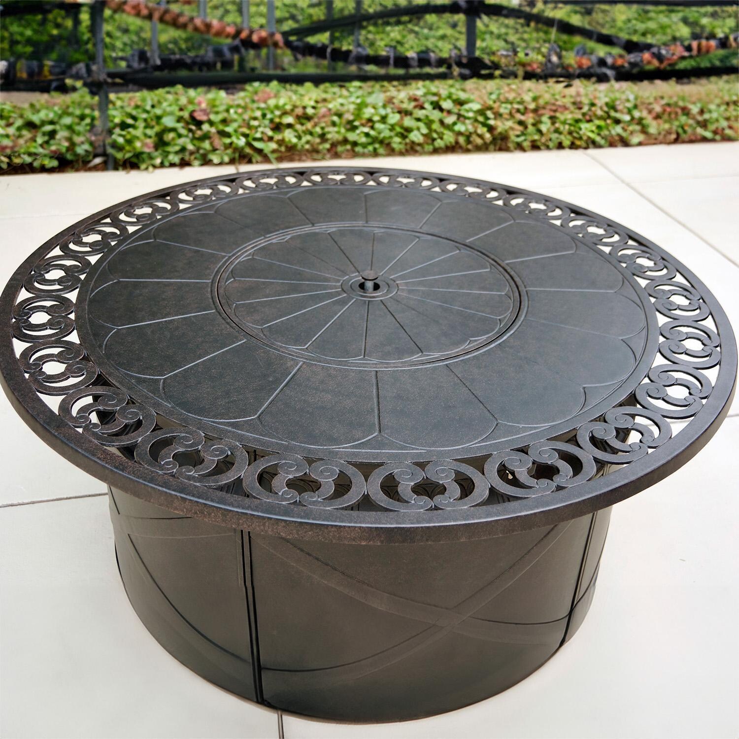 Darlee Nassau 5-Piece Patio Propane Fire Pit Conversation Set (with 2 Swivel Rocker Club Chairs) with Cushions and 47 Inch Round Fire Pit Chat Table and Fireglass - Fire Table - Lifestyle thumbnail