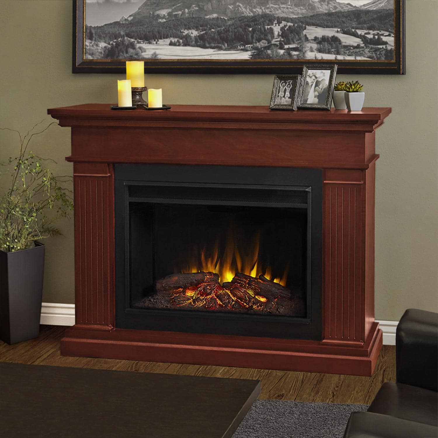Real Flame Kennedy Grand 55-Inch Electric Fireplace With Mantel - Dark Espresso - 8070E-DE : Gas Log Guys Featuring distinct columns and a contrasting black firebox surround