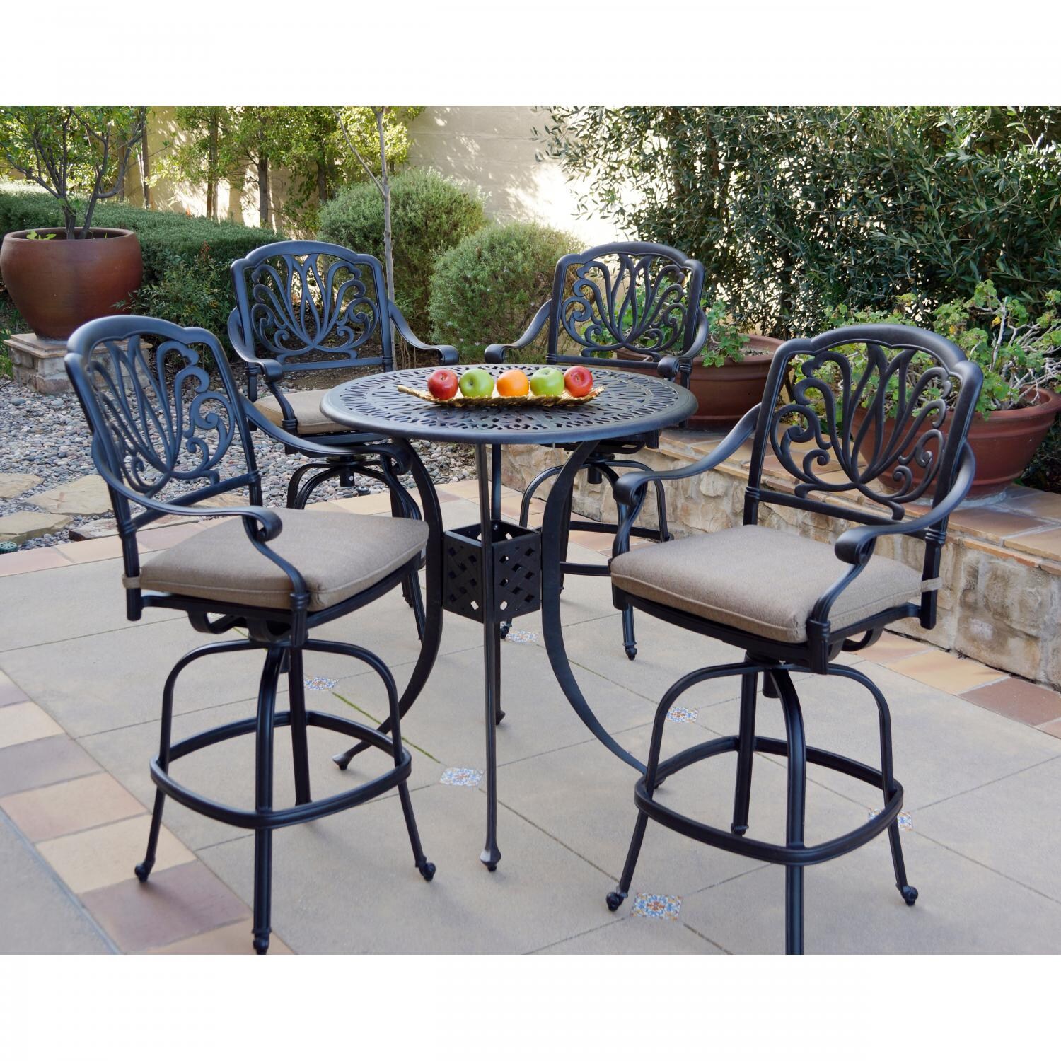 Darlee DL707-5PC-AC17F Elisabeth 5 Piece Cast Aluminum Patio Swivel Bar Stool Set W/ 36 Inch Round Bar Height Table - Lifestyle thumbnail