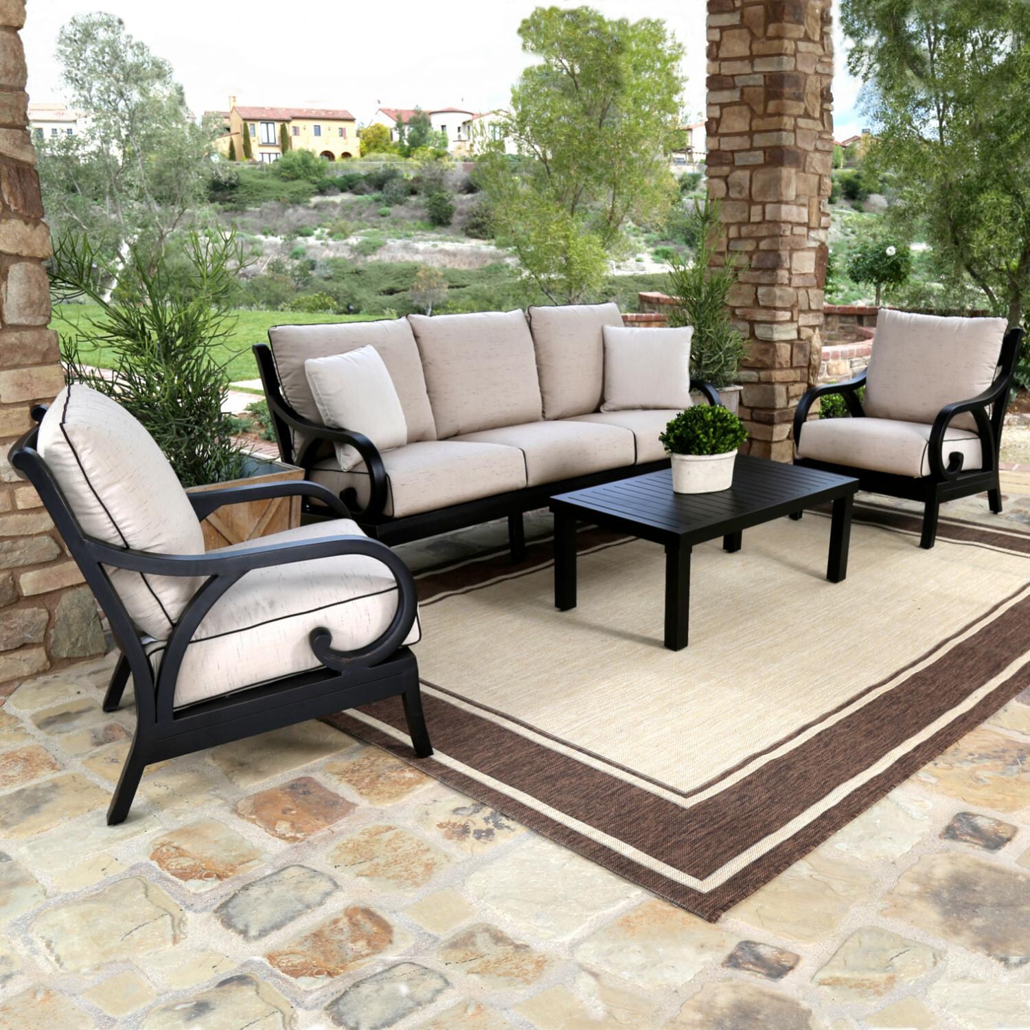 Monterey 4 Piece Aluminum Patio Conversation Set W/ Sunbrella Frequency Sand Cushions By Sunset West