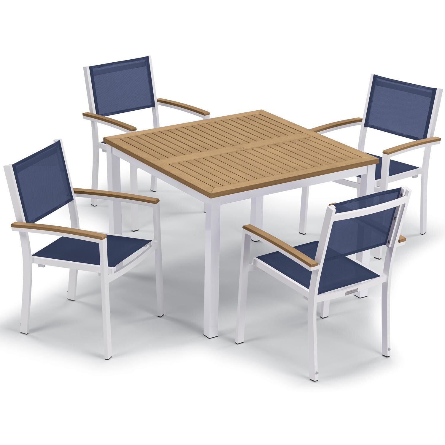 Oxford Garden Travira 5 Pc Composite Sling & Aluminum Dining Set W/ Natural Tekwood Arm Caps & Table Top in Chalk/Ink Pen - Top View thumbnail