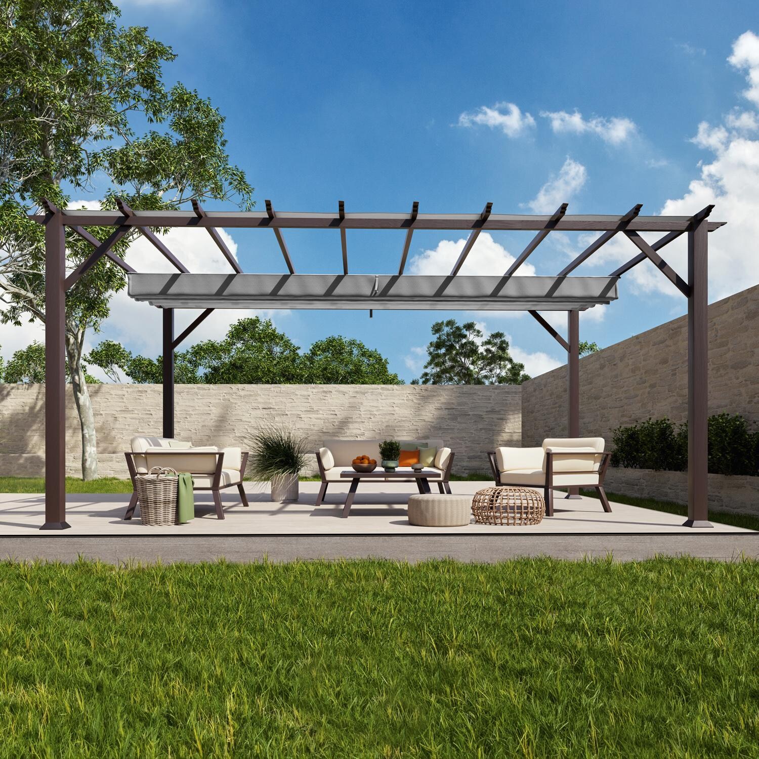 Paragon Outdoor PR16WD2G Florence 11' x 16' Chilean Ipe Pergola w/ Gray Canopy - Canopy Open - Lifestyle thumbnail