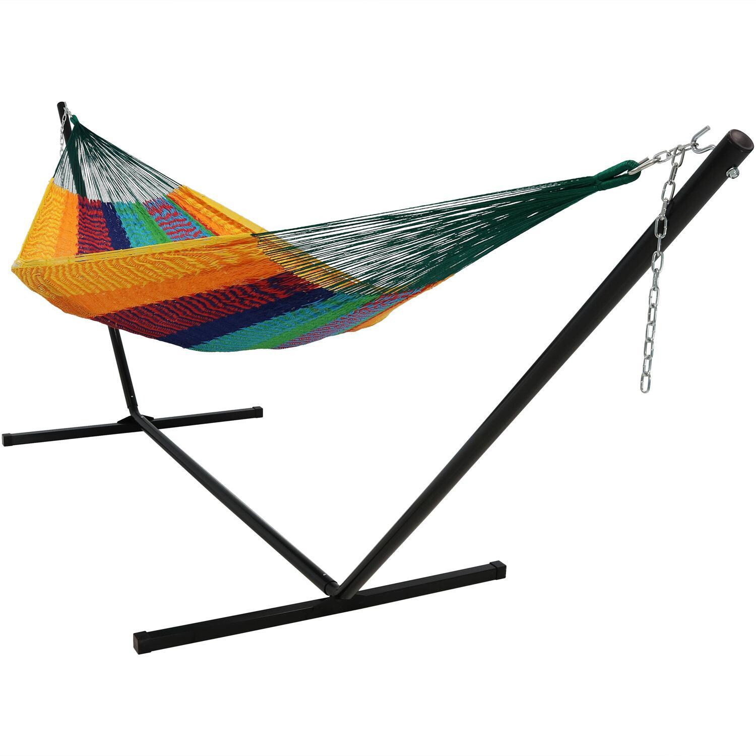 Ultimate Patio XXL Thick Cord Handwoven Family-Sized Mayan Hammock w/ 15-Foot Black Stand - Multi-Color