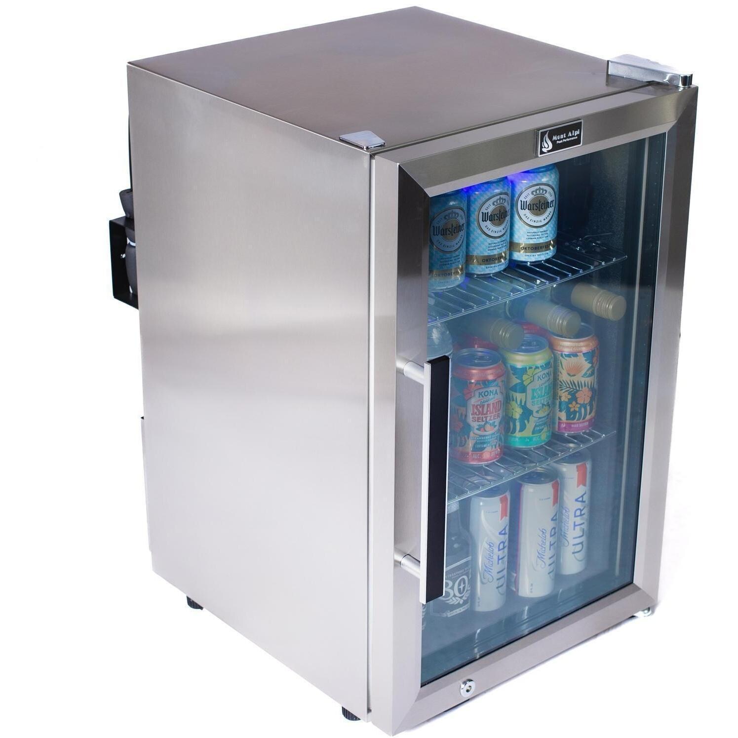 Mont Alpi MA805-AW 6-Burner Stainless Steel Art-Wood Propane Island Grill - Refrigerator Angled Stocked - White Background thumbnail