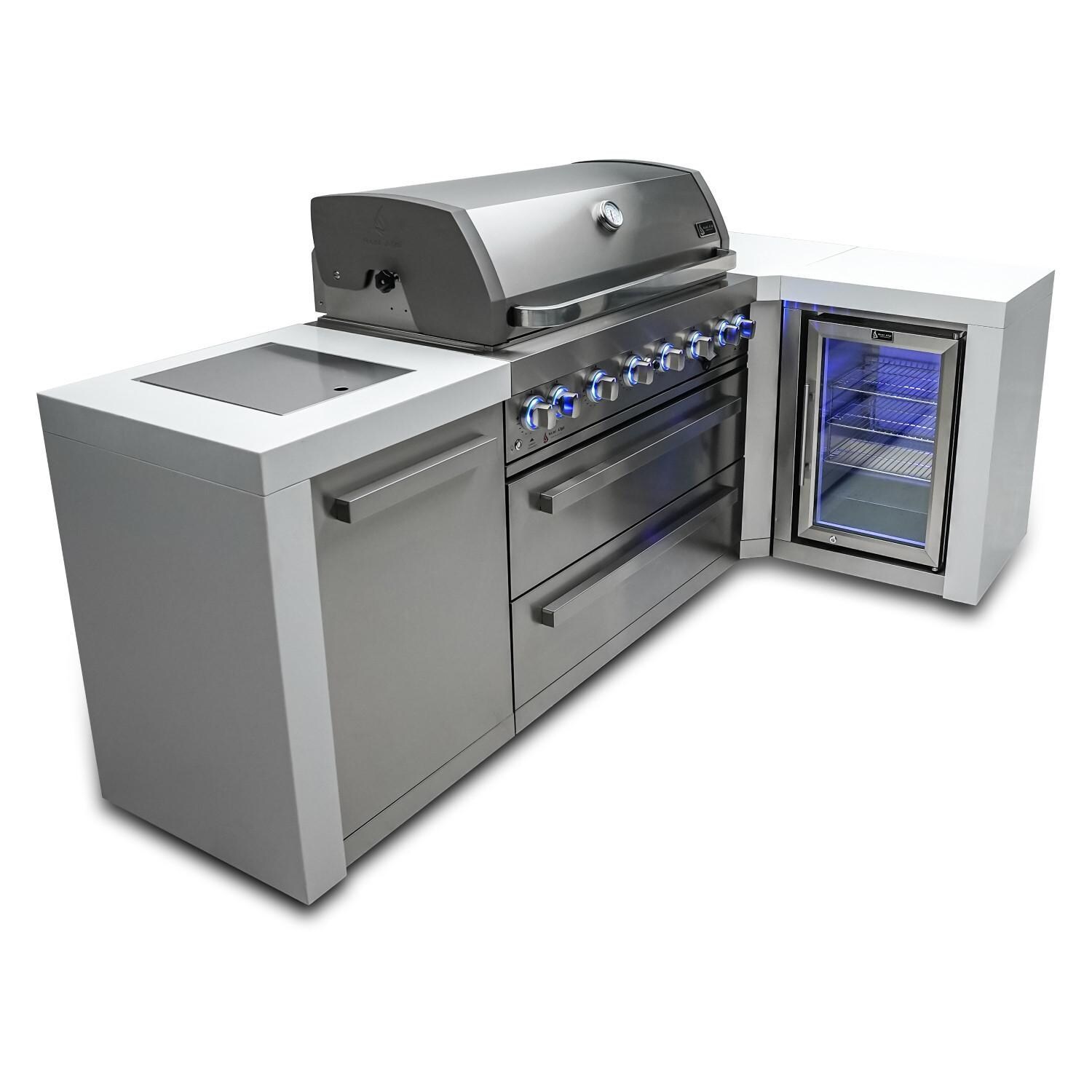  Mont Alpi - MAi805-D90FC - Deluxe 90 Degree Propane Gas Island Grill W/ Refrigerator Cabinet, Infrared Side Burner, & Rotisserie Kit - Closed From Left - White Background thumbnail