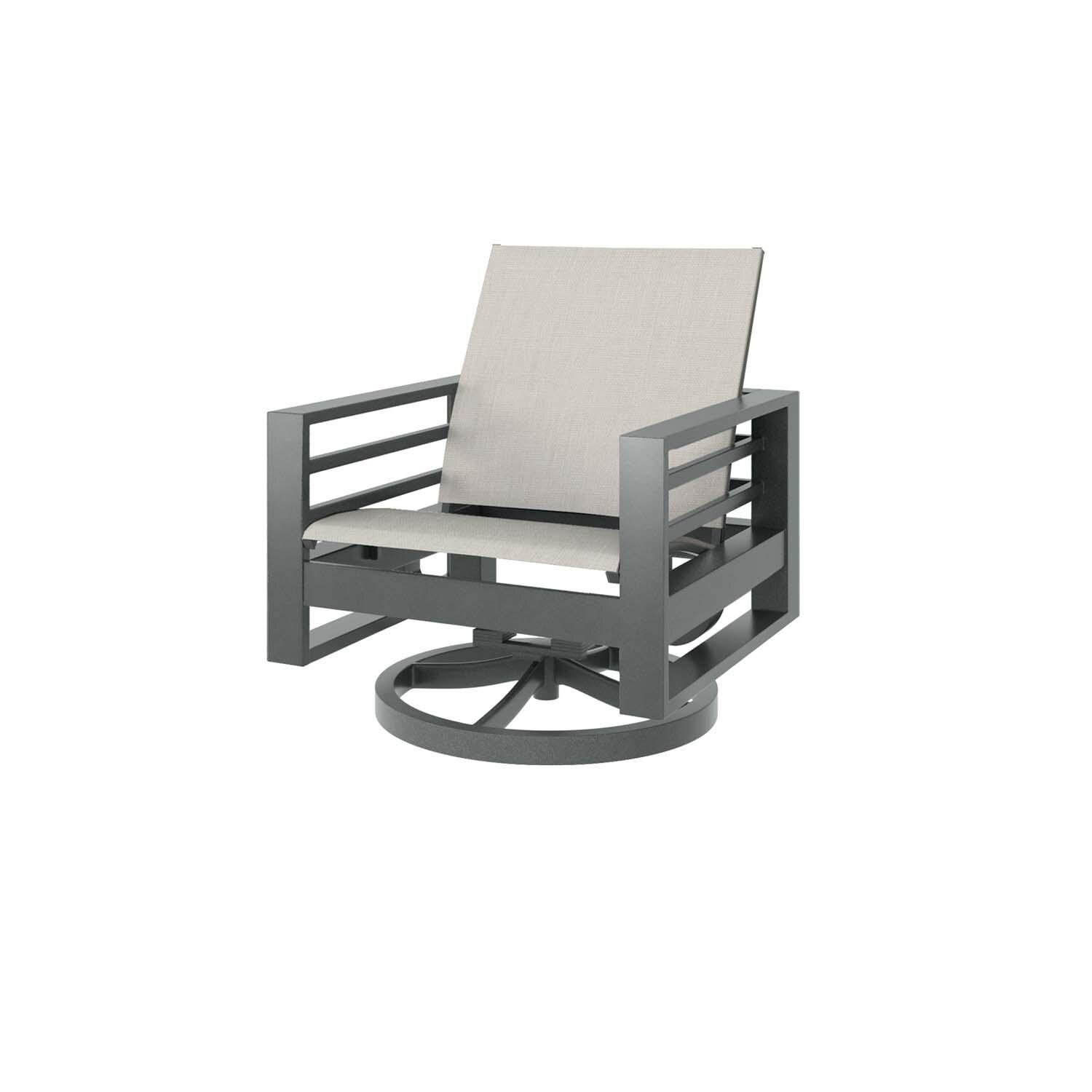 Palermo Aluminum Club Chair Swivel Rocker in Graphite w/ Harbor Pebble Sling By Ebel - White Background thumbnail