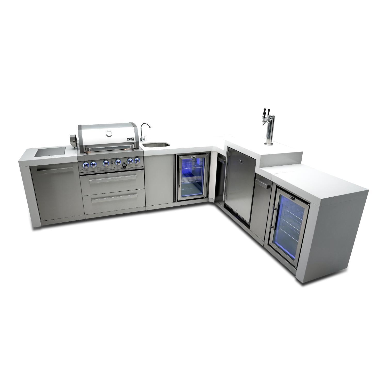 Mont Alpi Deluxe Series 11.5 Ft L-Shaped Natural Gas Outdoor Kitchen Island w/ Side Burner, Beverage Center, Fridge & Kegerator (Ships Propane w/ Conversion Kit) - MAi400-D90KEGBEVFC