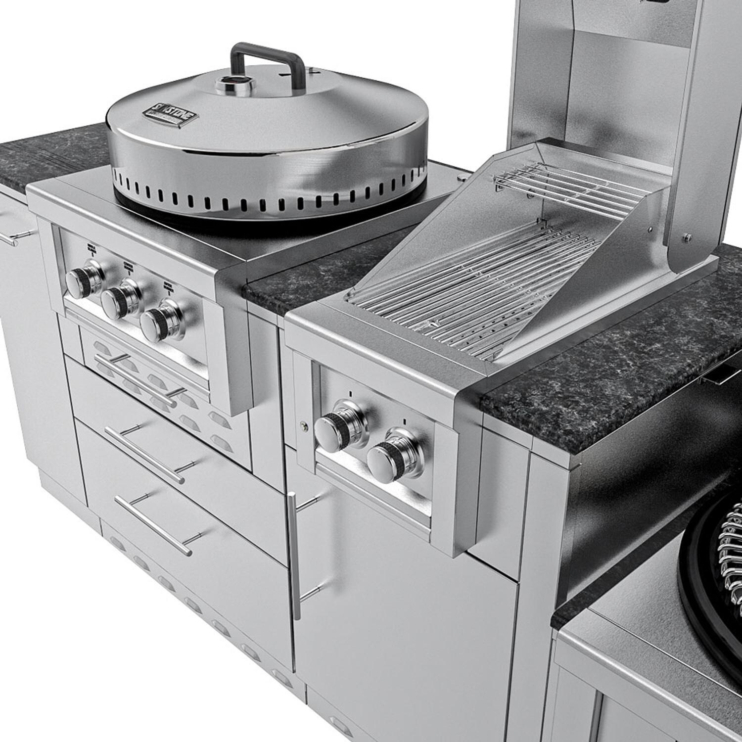 Sunstone Grills SCPTEXCAJUN9-LP Tex-Cajun 9 Ft Outdoor Kitchen Island w/ Propane Grill & Side Burner, Door & Drawer - Up Close Open - White Background thumbnail