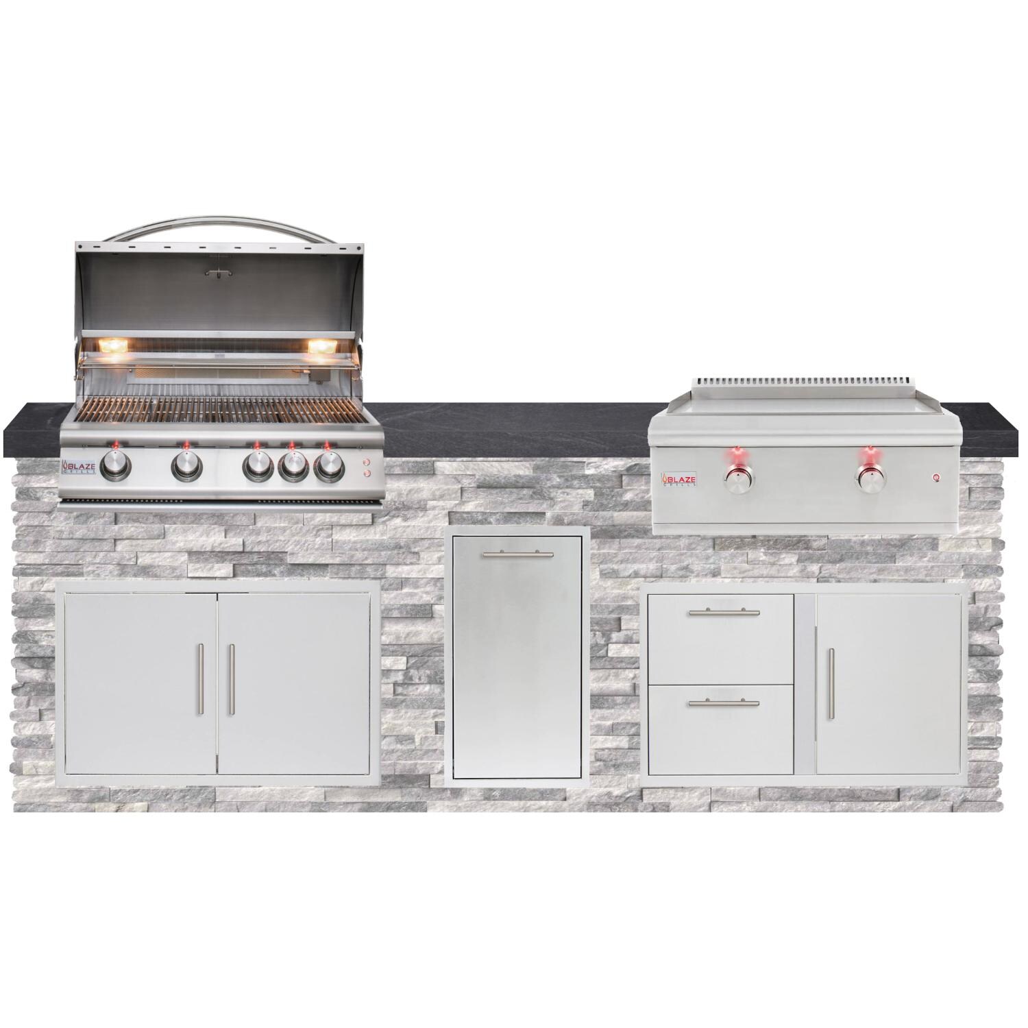 BBQGuys Signature 8ft Luxury Outdoor Island W/ Blaze Premium LTE 32-Inch Natural Gas Grill & LTE 30-Inch Natural Gas Griddle - Alaska Gray Stone W/ Black Polished Granite