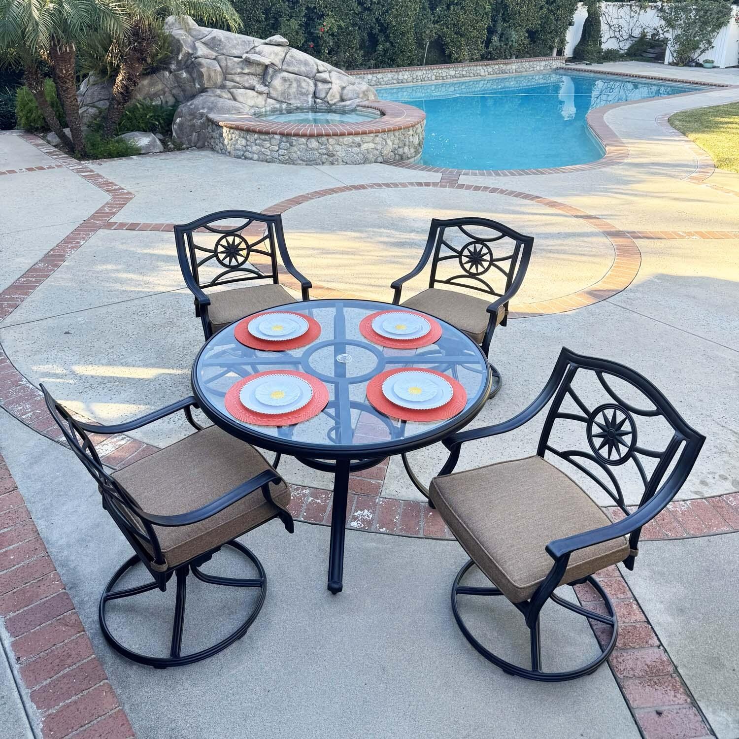 Ten Star 5 Pc Cast Aluminum Swivel / Rocker Dining Set in Antique Bronze/Sesame by Darlee - Lifestyle thumbnail