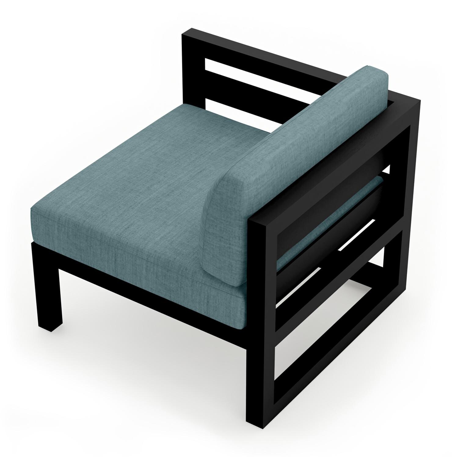 Lakeview MSTYCV-BK-LAS-CL Misty Cove Aluminum Left Arm Club Chair in Black w/Cast Lagoon Cushions by Lakeview Outdoor Designs - Angled Back - White Background thumbnail
