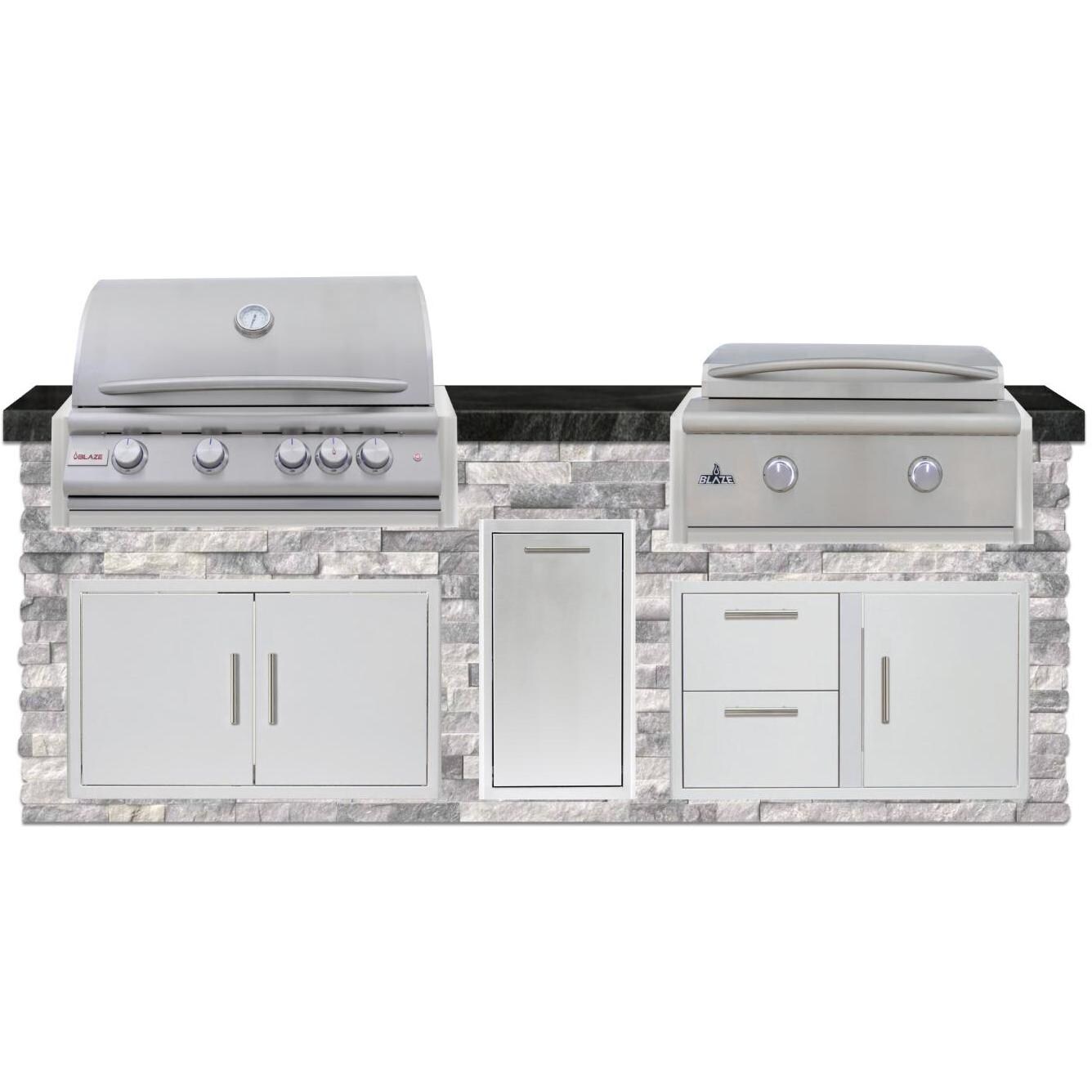 BBQGuys Signature 8 Ft Grill Island w/ 32 Inch Natural Gas Blaze Premium LTE+ Grill & Griddle, Narrow Trash Bin & Door & Drawer | Alaska Gray w/ Black Granite - Front - White Background thumbnail
