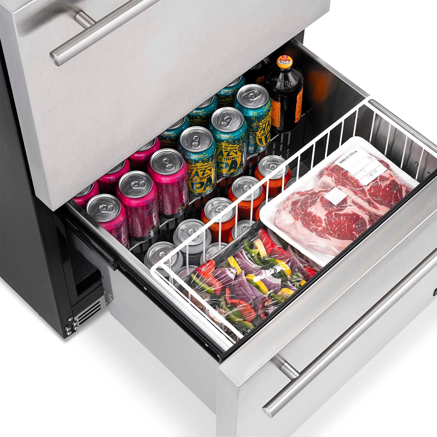 Newair NOF100SS00 24-Inch Built-in 20 Bottle & 80 Can Dual Drawer Wine & Beverage Fridge - Basket in Use thumbnail