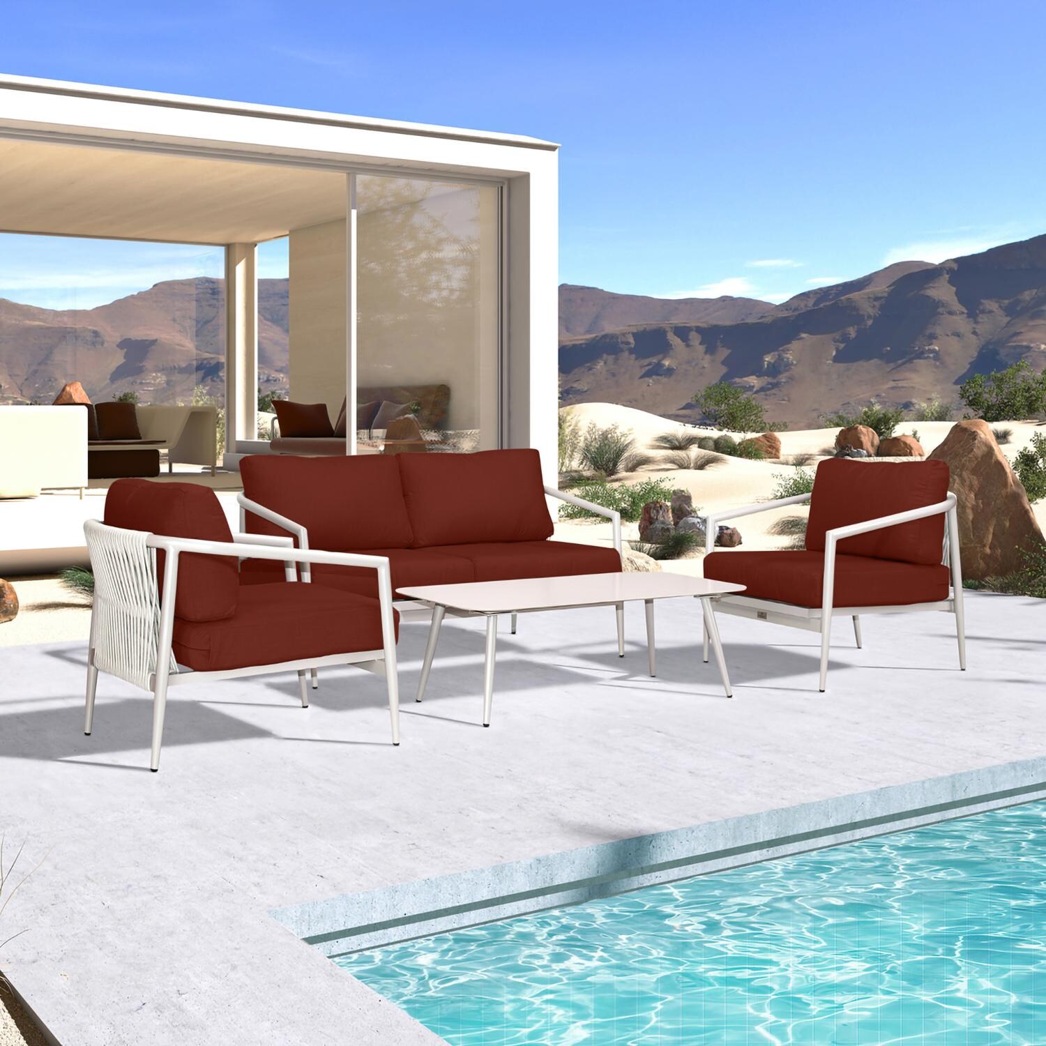 Lakeview Midnight Cove 4 Pc Aluminum Loveseat Seating Set in Urban Stone/Carrera/Canvas Henna - Angled - Lifestyle thumbnail