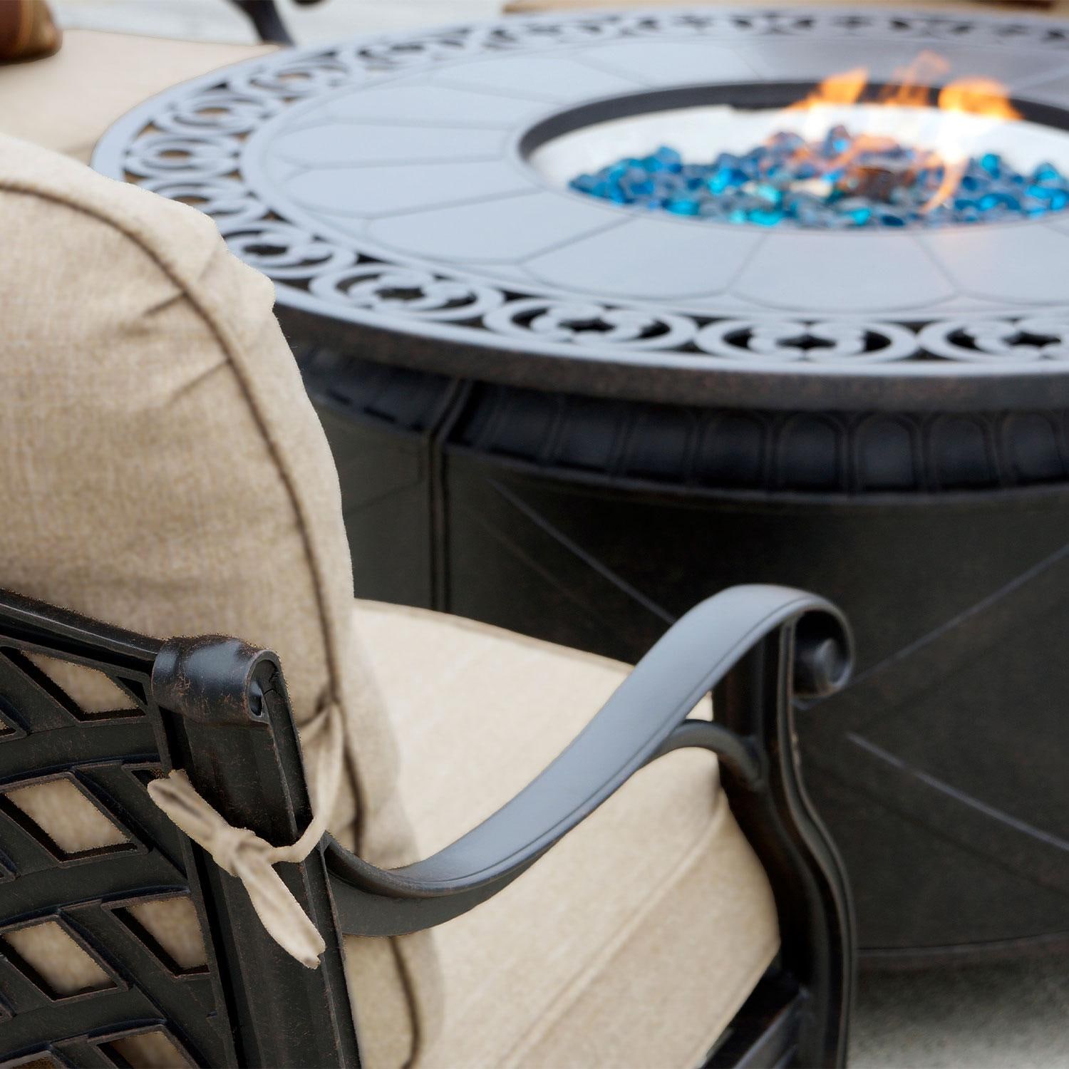 Darlee Nassau 4-Piece Patio Propane Fire Pit Sofa Conversation Set with Cushions and 47 Inch Round Fire Pit Chat Table and Fireglass - Close Up Chair - Lifestyle thumbnail