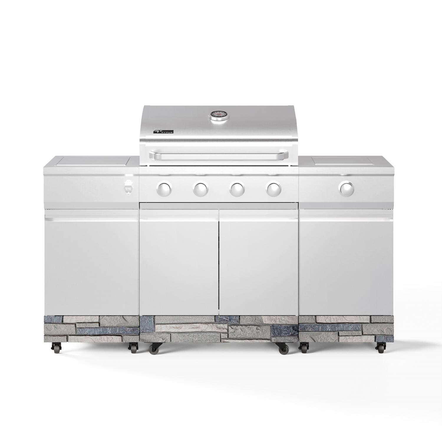 TYTUS Fresno Series 5-Burner Propane Island Grill in Stainless Steel + Shadow Stone w/ Cover & Griddle - Front - White Background thumbnail