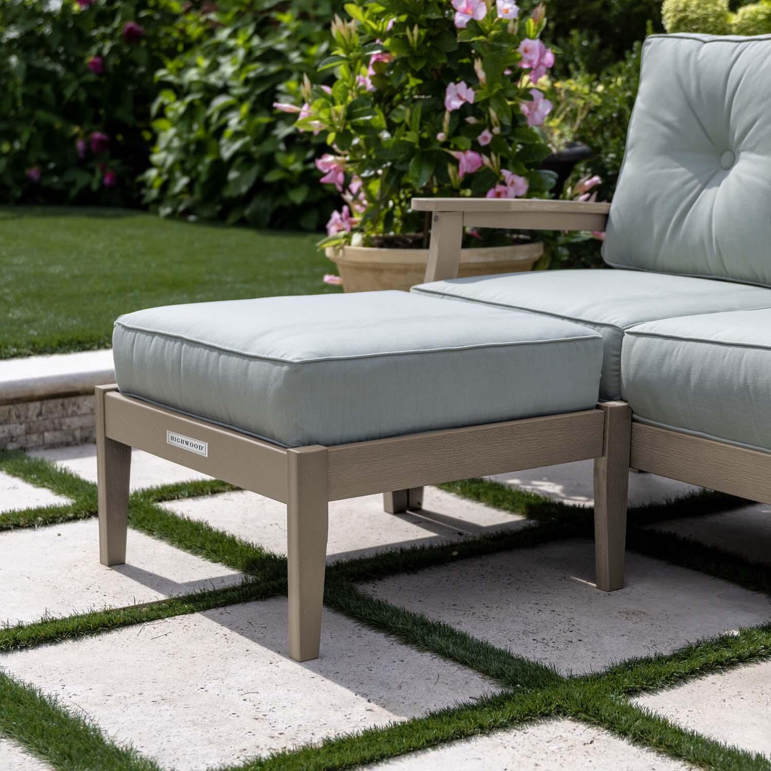 Blushing Bay Recycled Plastic Ottoman in Canvas Seasalt/Woodland Brown by Lakeview Outdoor Designs - Shown w/ Chair (Not Included) - Lifestyle thumbnail