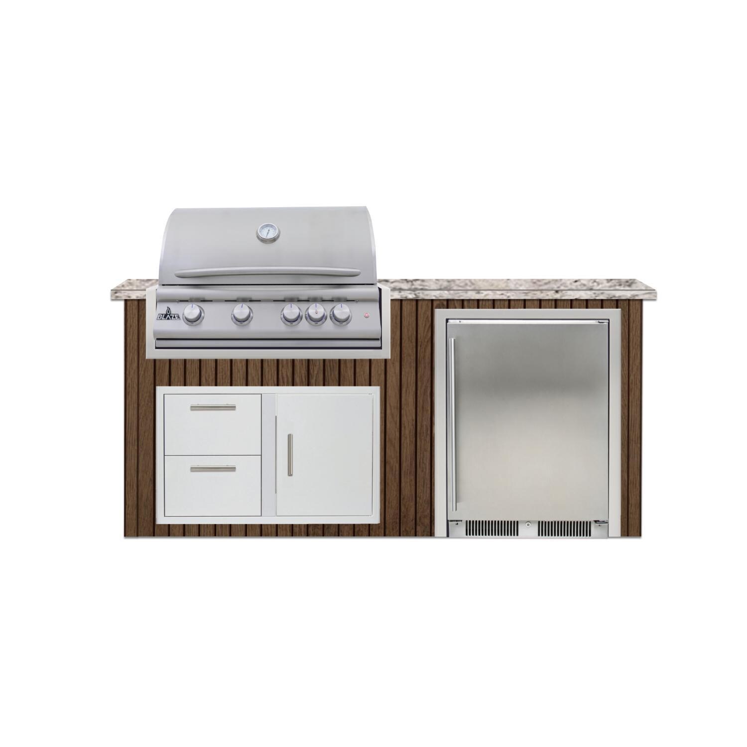 BBQGuys Signature  6 Ft Outdoor Kitchen Island w/ 32-in Blaze LTE+ Propane Grill & 24-in Refrigerator | Toffee w/ White Valley Granite - Island - White Background thumbnail