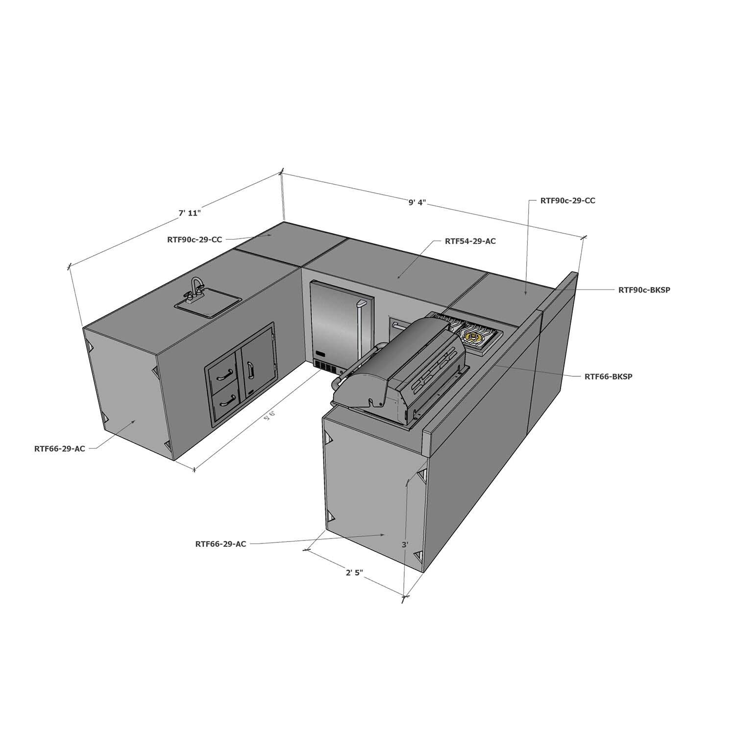 Universal 8 ft X 9.5 ft X 8 ft Ready To Finish U-Shaped Outdoor Kitchen System Appliance and Storage Cabinets W/Backsplashes On 66 Inch & 90 Degree Corner Cabinets - W/Appliances Back - Dimensional thumbnail