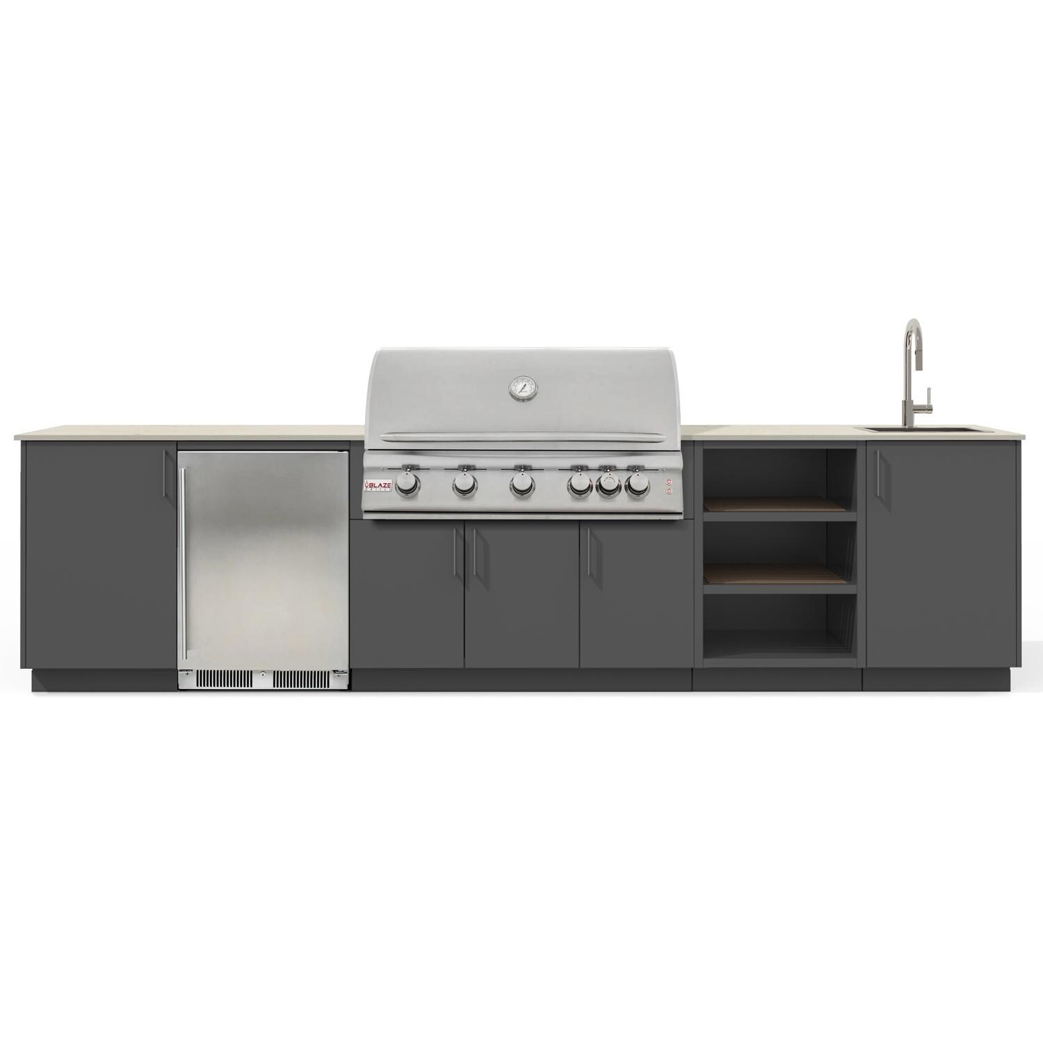 Urban Bonfire B-Breeze-40-Blaze-Danae-Anthracite Breeze 40 Outdoor Kitchen w/ Blaze Premium LTE Propane Grill, Sink, Refrigerator, Danae Countertop & Anthracite Finish - White Background thumbnail