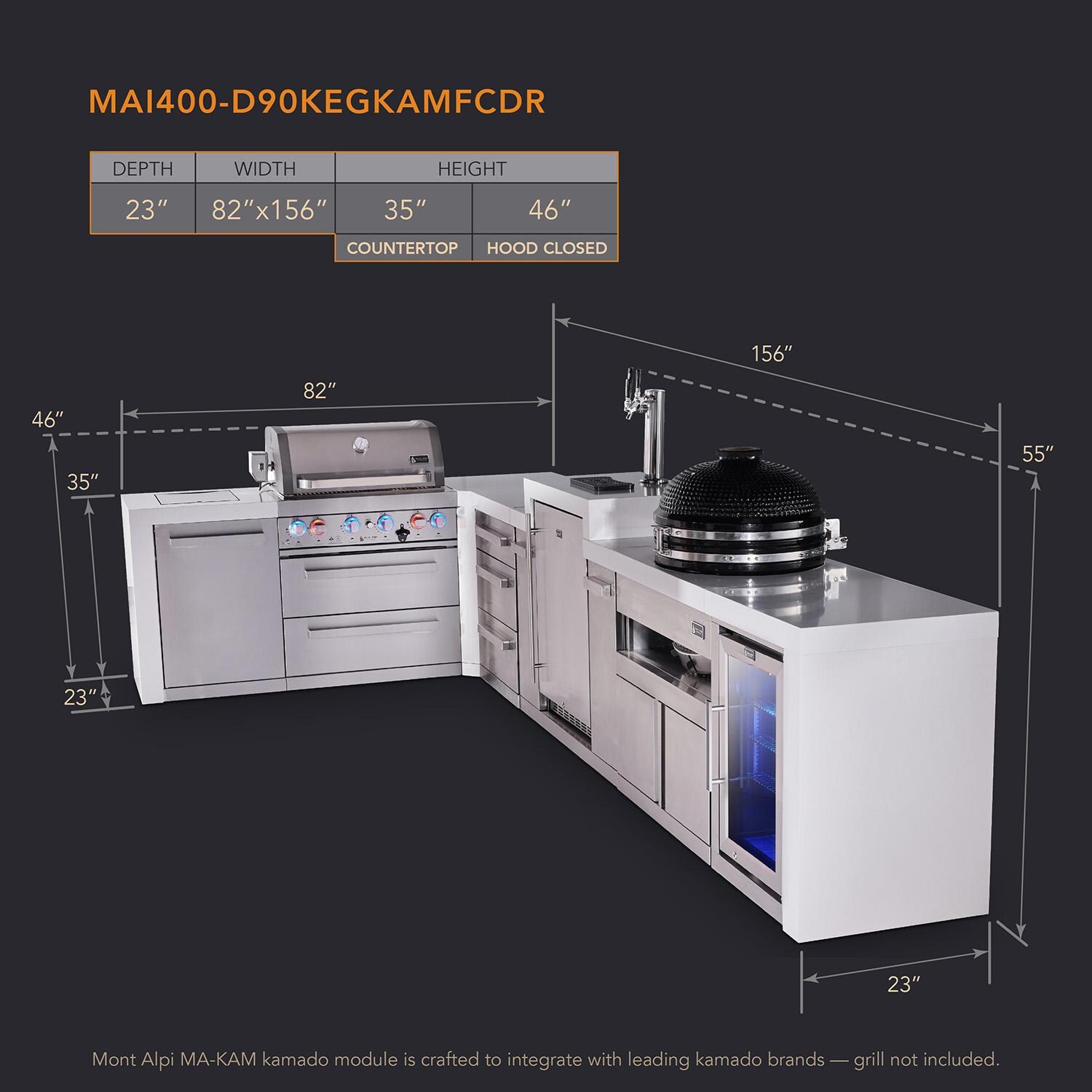 Mont Alpi Deluxe Series 13 Ft Propane Outdoor Kitchen Island w/ 32-in Grill, Side Burner, Kegerator, Fridge, Kamado Module & Triple Drawer - MAi400-D90KEGFCKAMDR - Dimensions - Dimensional thumbnail
