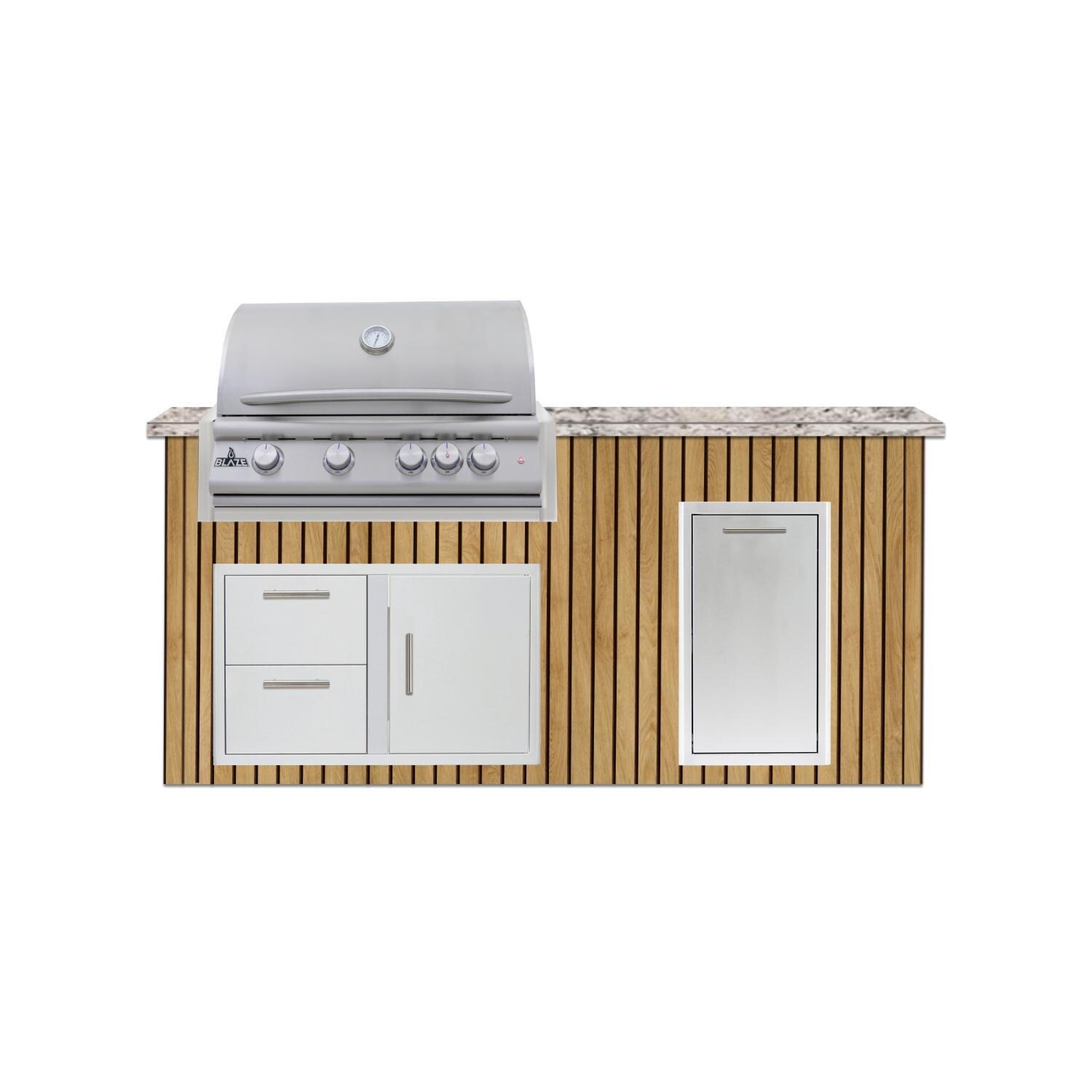BBQGuys Signature 6 Ft Outdoor Kitchen Island w/ 32-in Blaze LTE+ Propane Grill & Narrow Trash Bin | Sun Bleached Oak w/ White Valley Granite - Island - White Background thumbnail