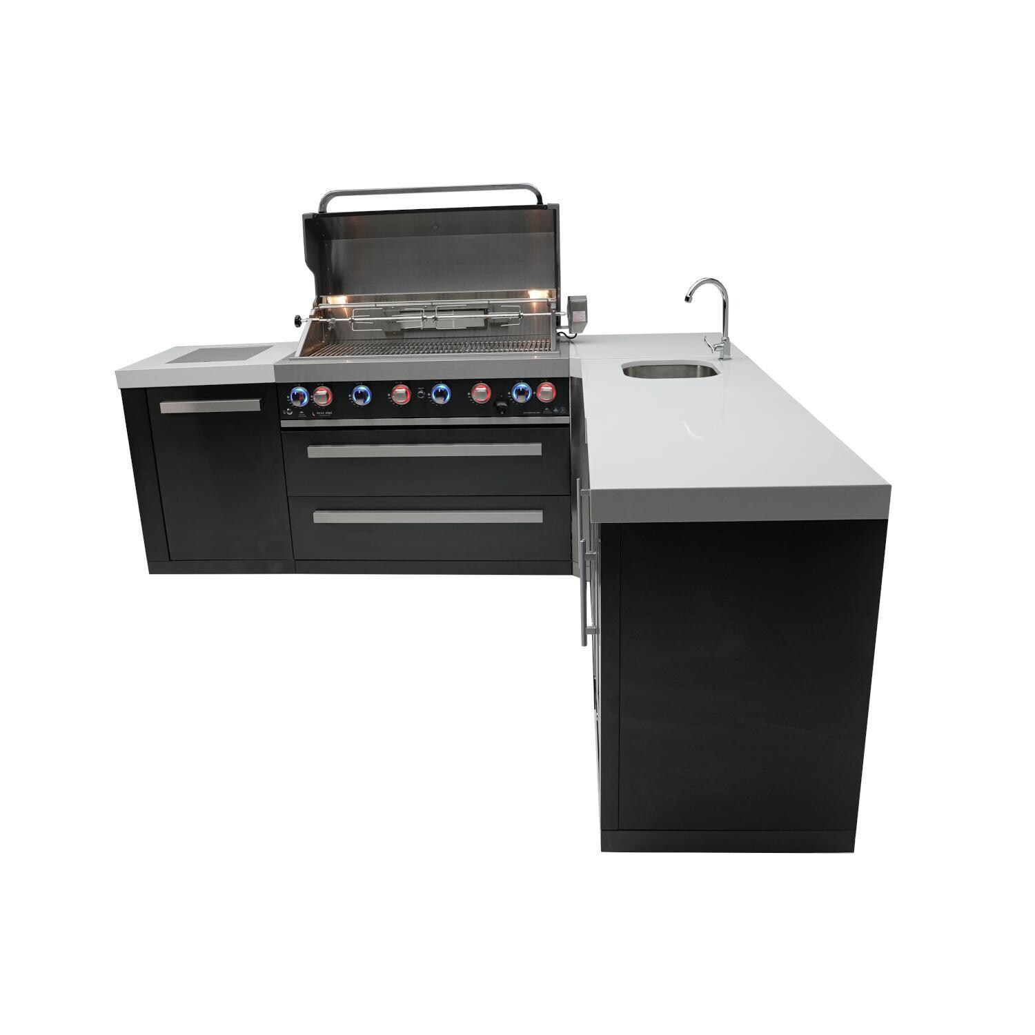 Mont Alpi 805 Natural Gas Island w/ 90 Degree Corner, Beverage Center & Fridge Cabinet (Ships Propane w/ Conversion Kit) - Hood Open - White Background thumbnail