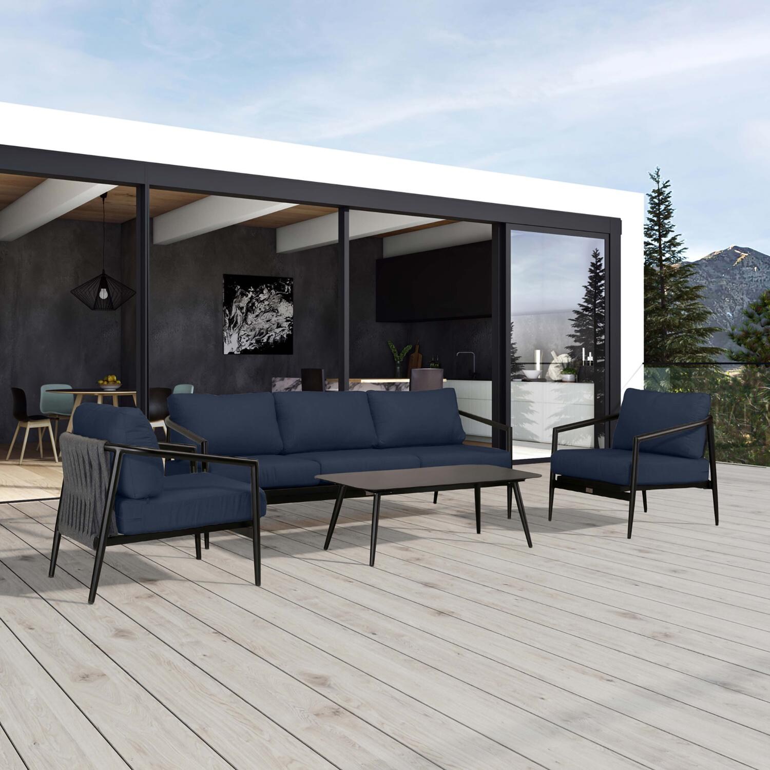 Lakeview Midnight Cove 4 Pc Aluminum Sofa Seating Set in Black/Carbon/Spectrum Indigo - Detail - Lifestyle thumbnail
