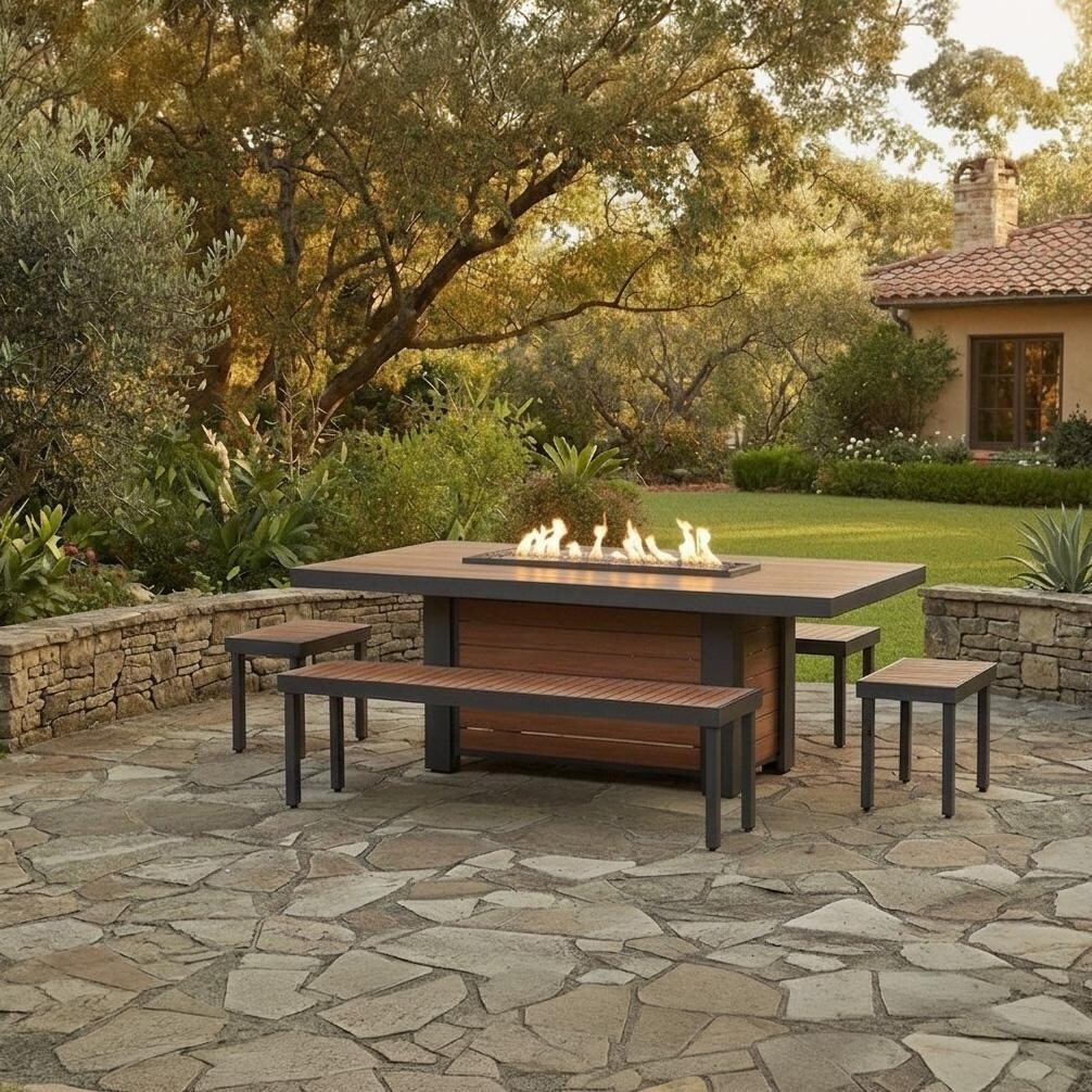 Revere 5 Pc Cast Aluminum Propane Fire Pit Dining Set in Brown by Lakeview Outdoor Designs - Set - Lifestyle thumbnail