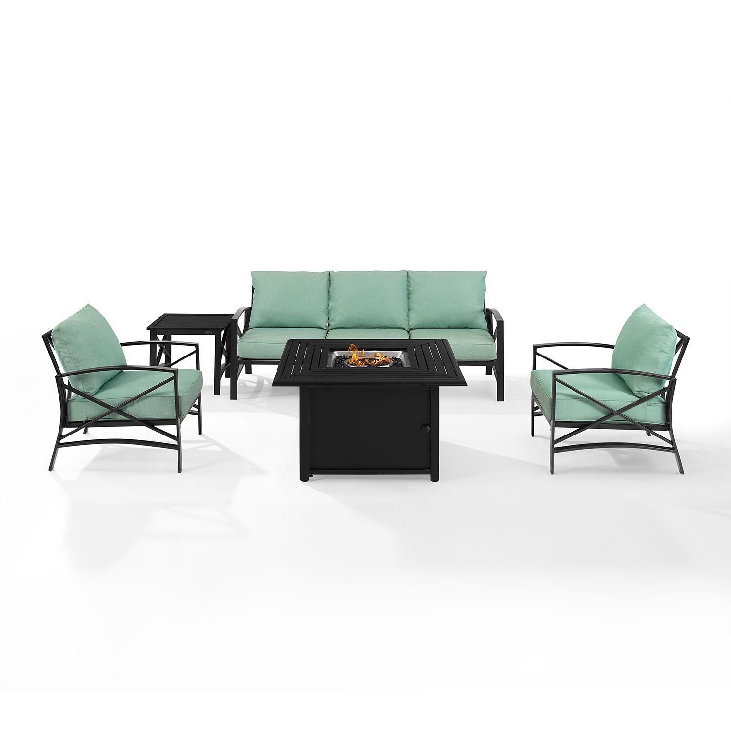 Ultimate Patio UP-82269BZ-MI 5Pc Outdoor Sofa Set W/ Fire Table in Mist - Front View W/ Fire Table On - White Background thumbnail