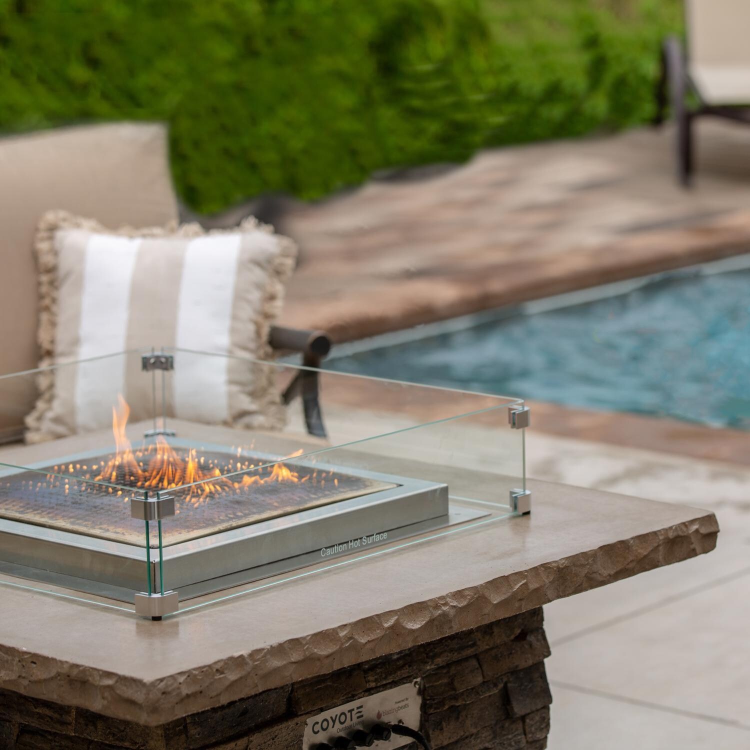 Blazing Beats 5 Piece Aluminum Patio Fire Table Conversation Set W/ Laguna Stacked Stone Fire Table - Burner and Chair thumbnail