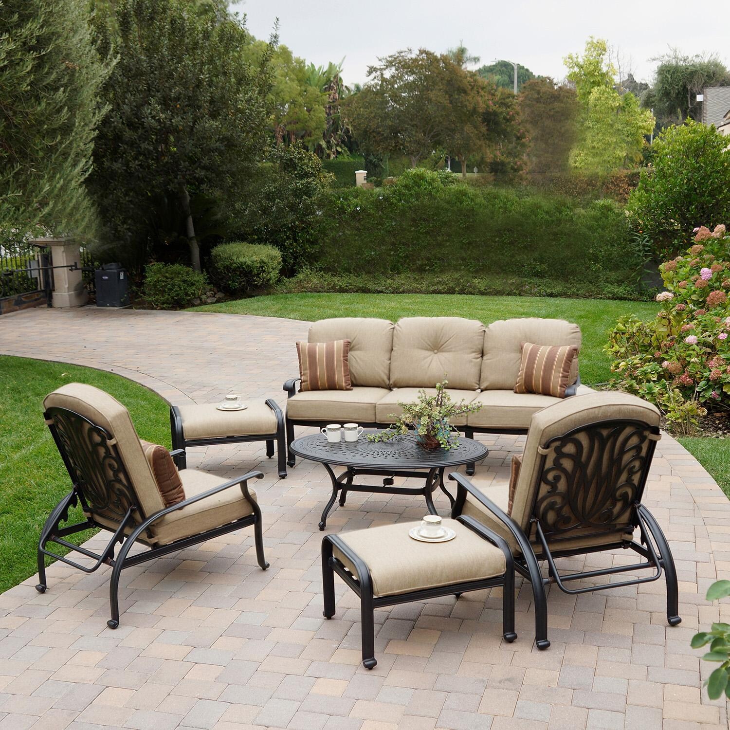 Elisabeth 6 Pc Cast Aluminum Sofa Seating Set w/ 46 X 31 Inch Oval Table w/ Reclining Chairs & Throw Pillows in Antique Bronze/Beige by Darlee
