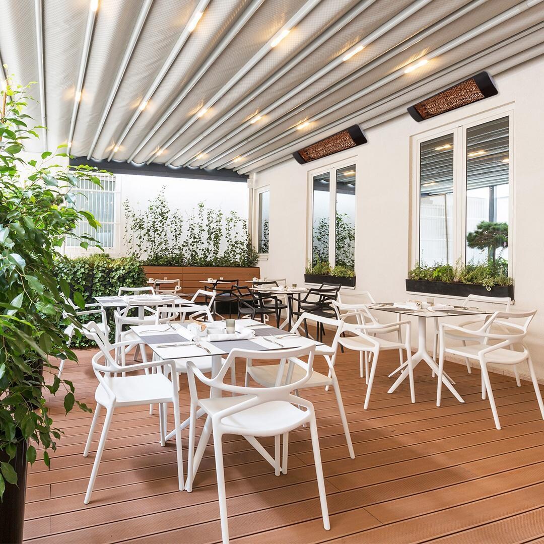 Eurofase EF30480S3 Mason Series 61 Inch 3000 Watt Single Element Marine Grade 480V Electric Patio Heater in Stainless Steel - Restaurant Patio - Lifestyle