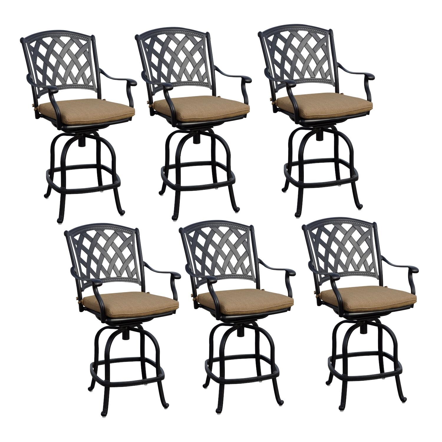 Darlee Ocean View 6 Piece Cast Aluminum Patio Counter Height Swivel Rocker Bar Stool Set W/ Sesame Cushions
