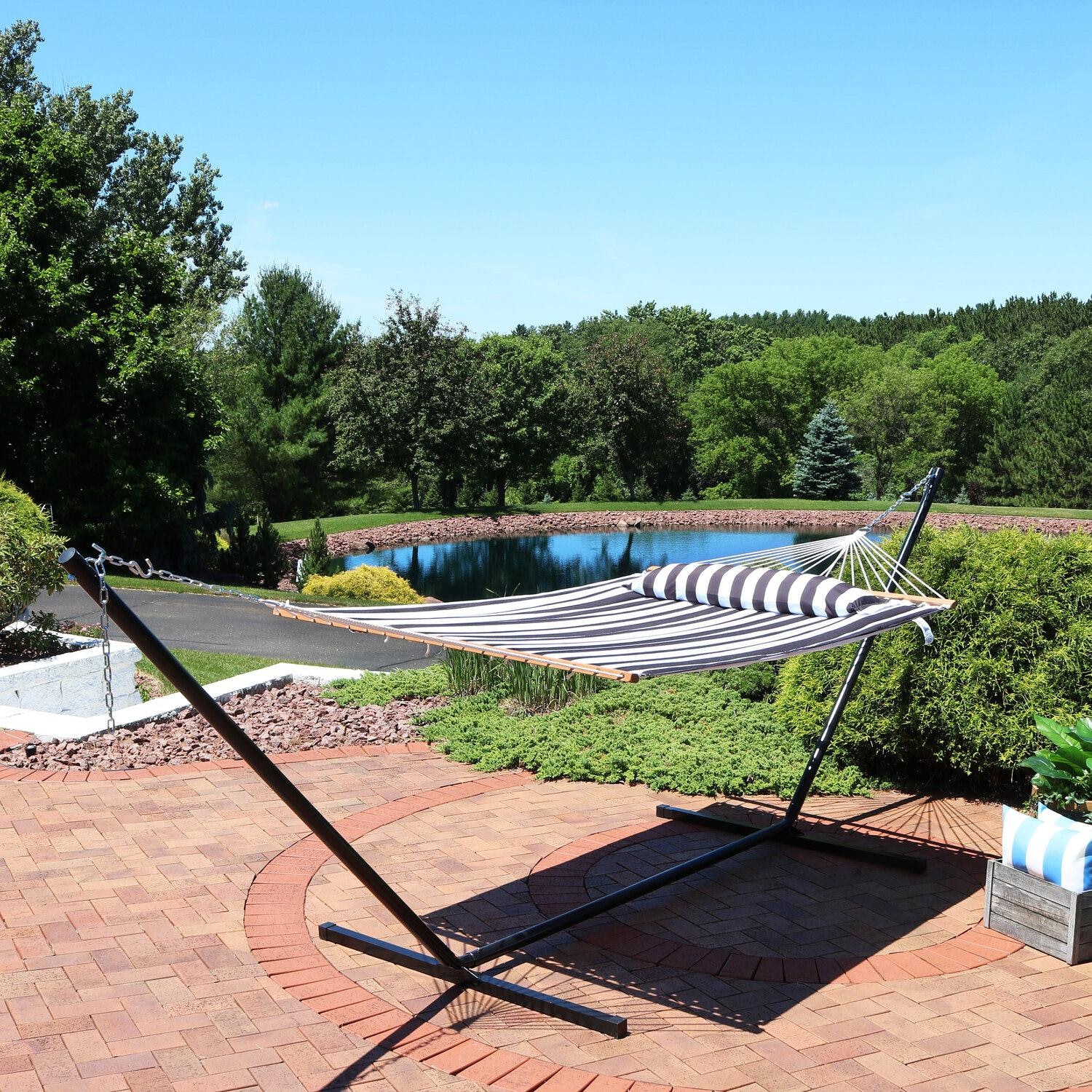 Ultimate Patio Quilted Double Hammock w/ Pillow - Black and White Stripe