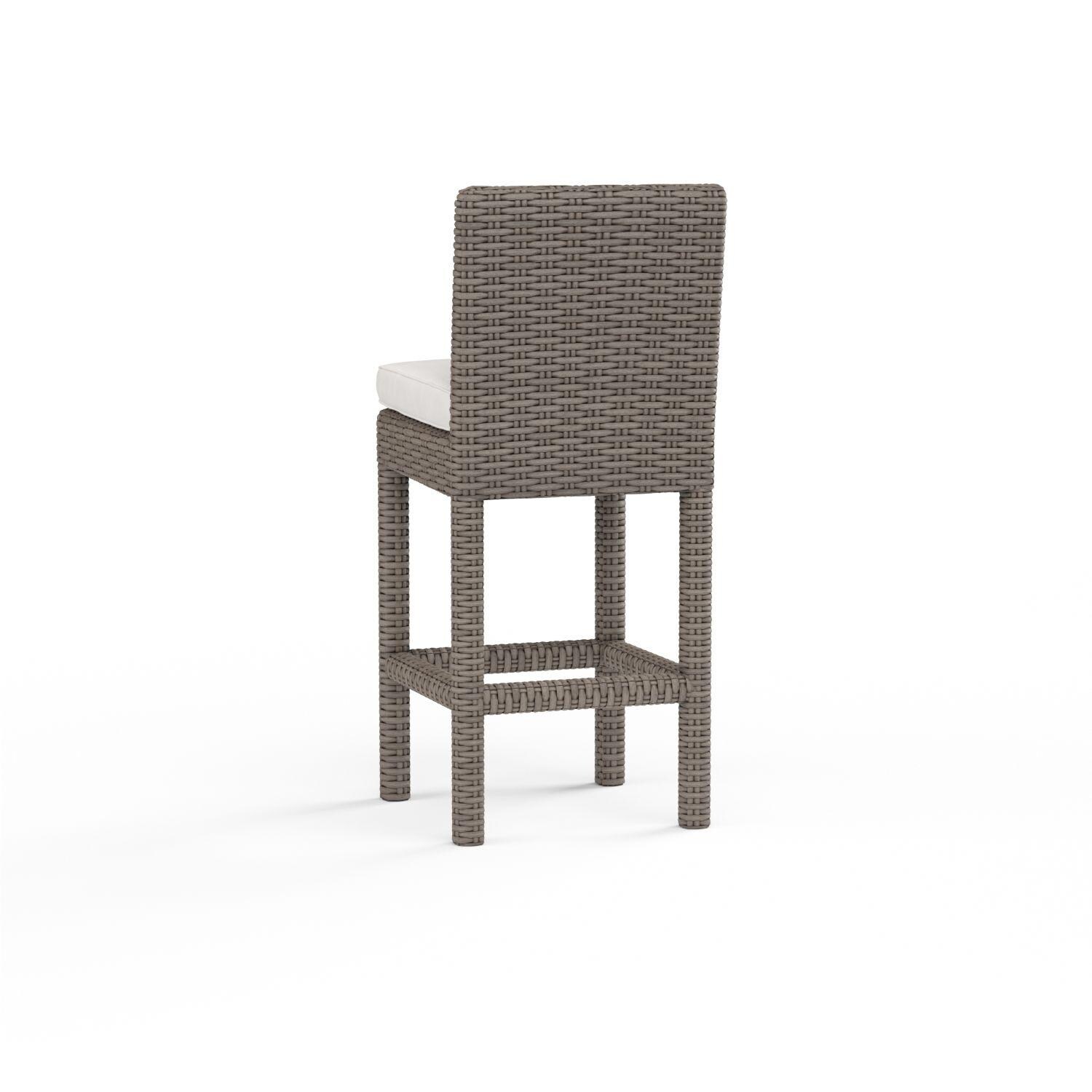 Coronado Wicker Patio Bar Stool W/ Sunbrella Canvas Flax Cushion By Sunset West - Rear View - White Background thumbnail
